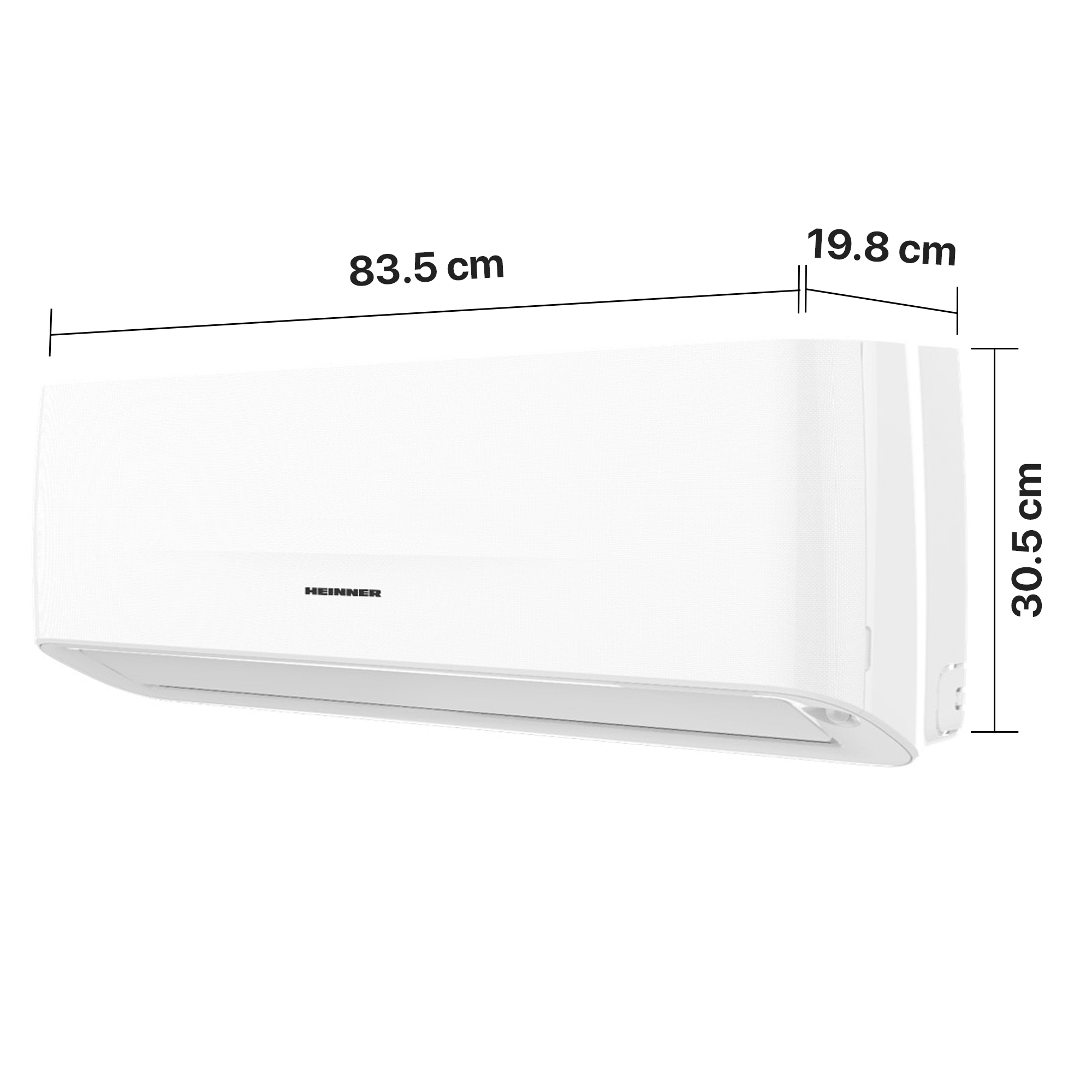 Weißes Klimagerät mit Maßen 83,5 x 19,8 x 30,5 cm.