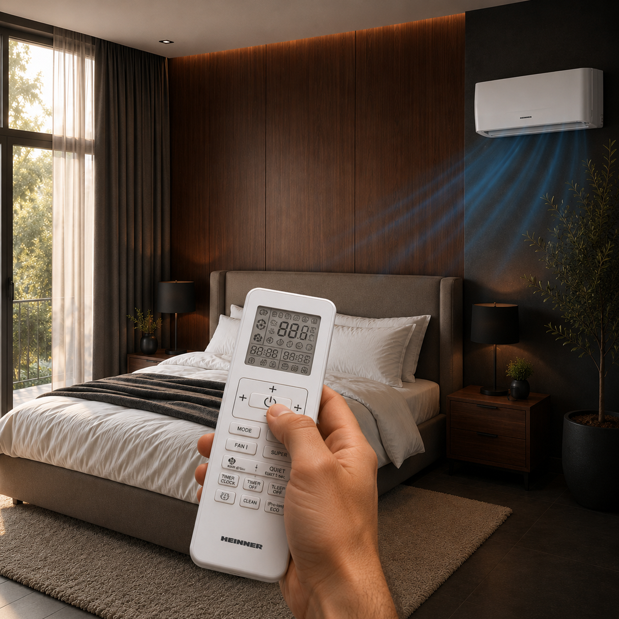 Ein Mann hält eine Fernbedienung vor einem Bett, während kalte Luft von einer Klimaanlage kommt.