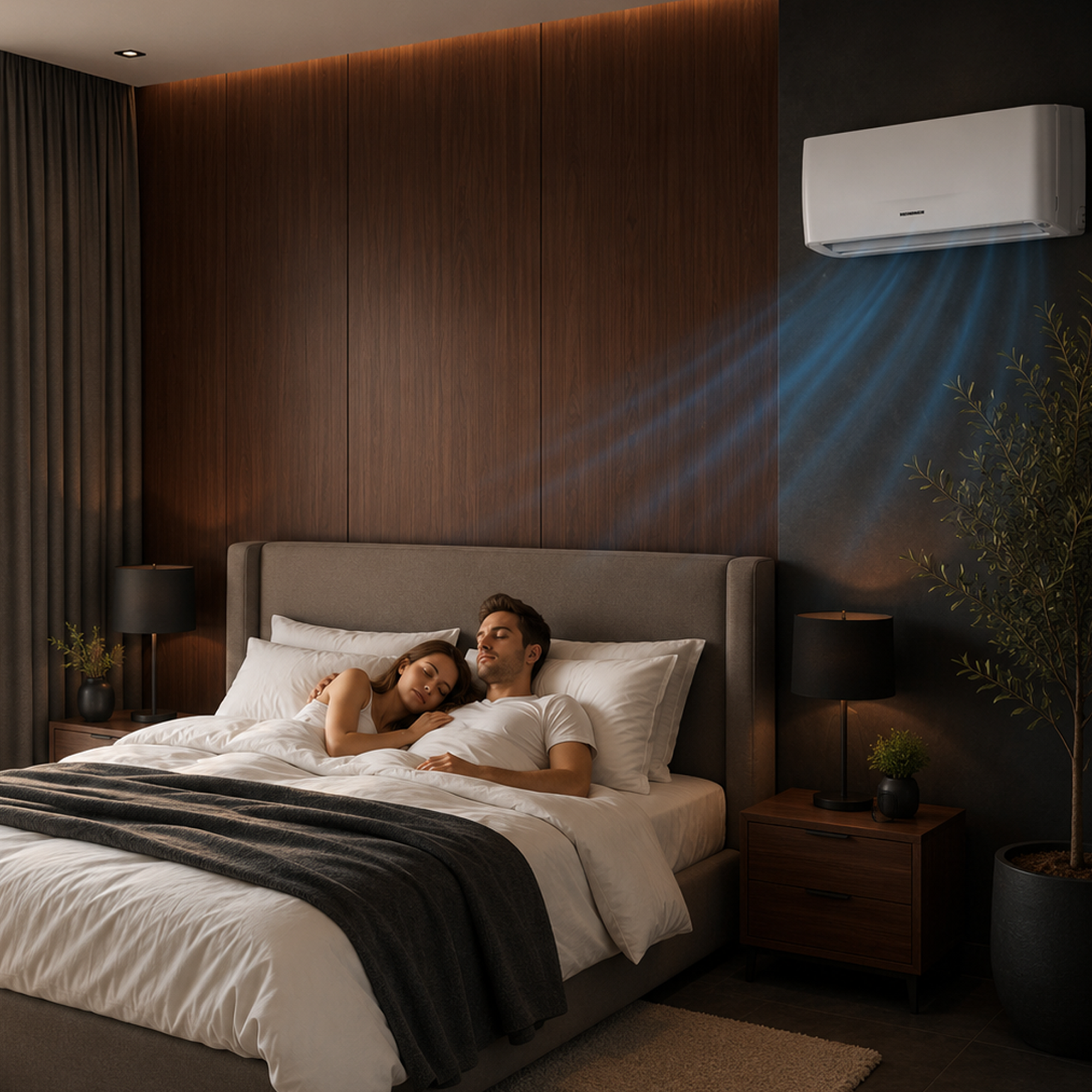 Ein Paar schläft im Bett, eine weiße Klimaanlage an der Wand bläst kühle blaue Luft. Das Zimmer hat dunkle Holz- und schwarze Wände.