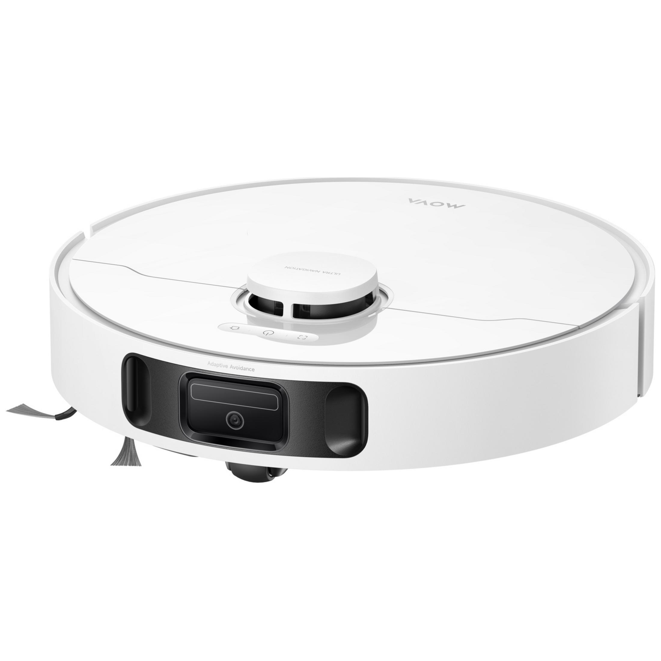 A white robot vacuum with a black front and a rotating brush arm.