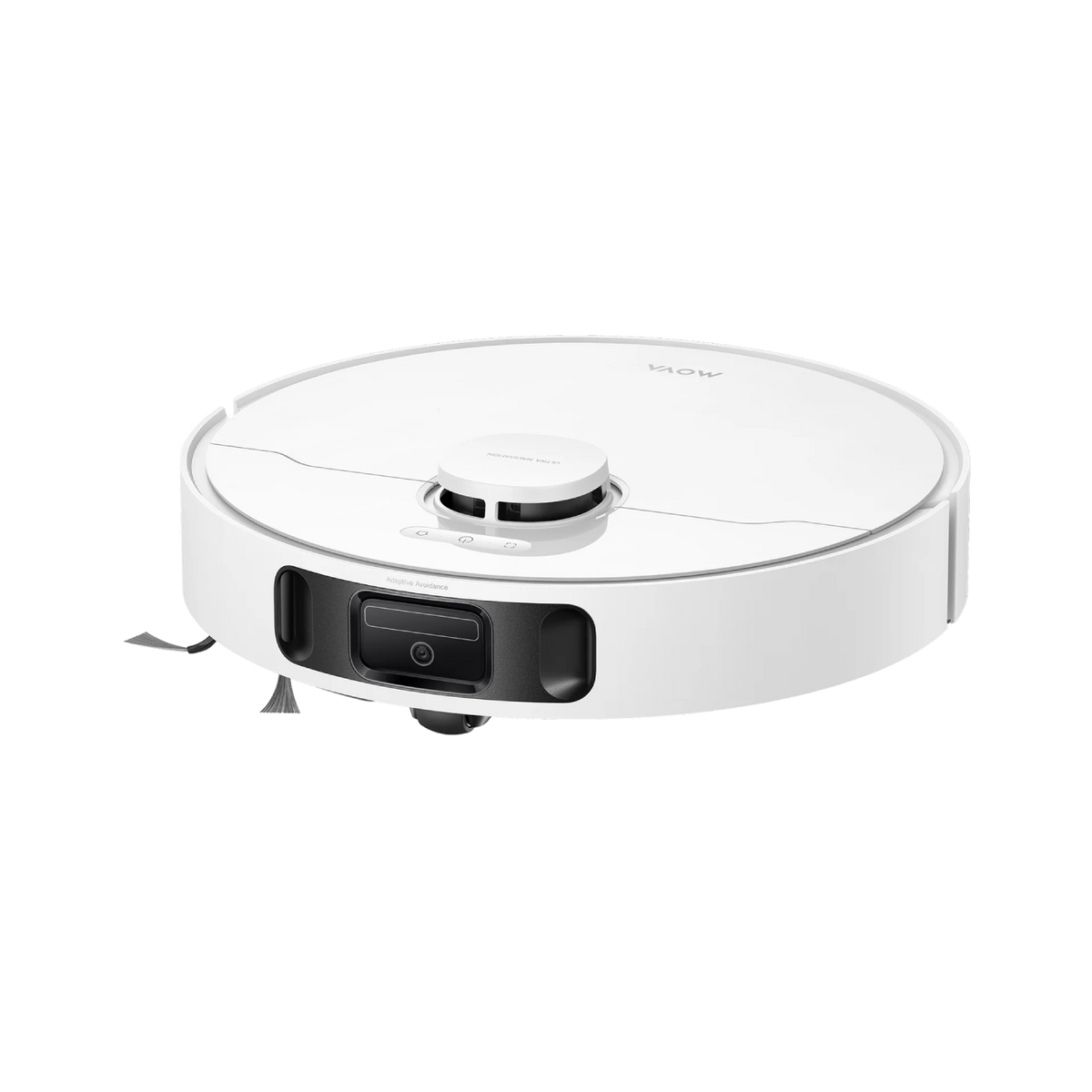 A white robot vacuum cleaner with a lidar tower and front camera on a black background.