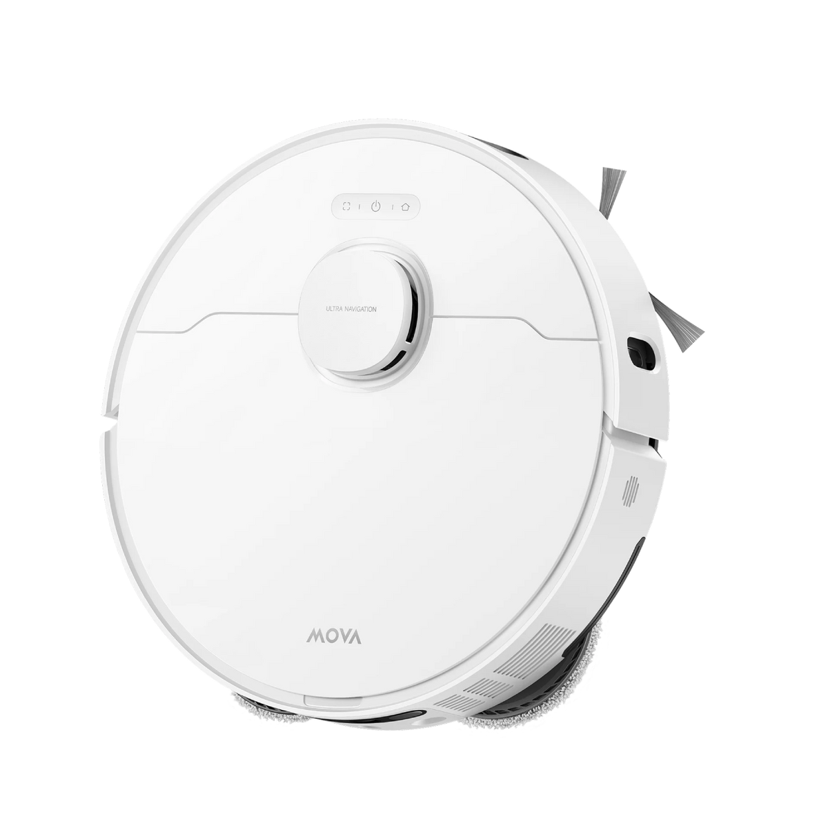 A white robot vacuum with "Ultra Navigation" and Mova logo on a black background.