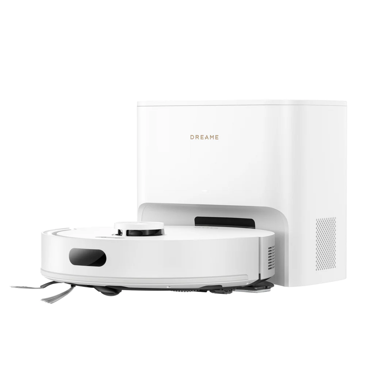 Un robot aspirador blanco de Dreame con su base de carga.