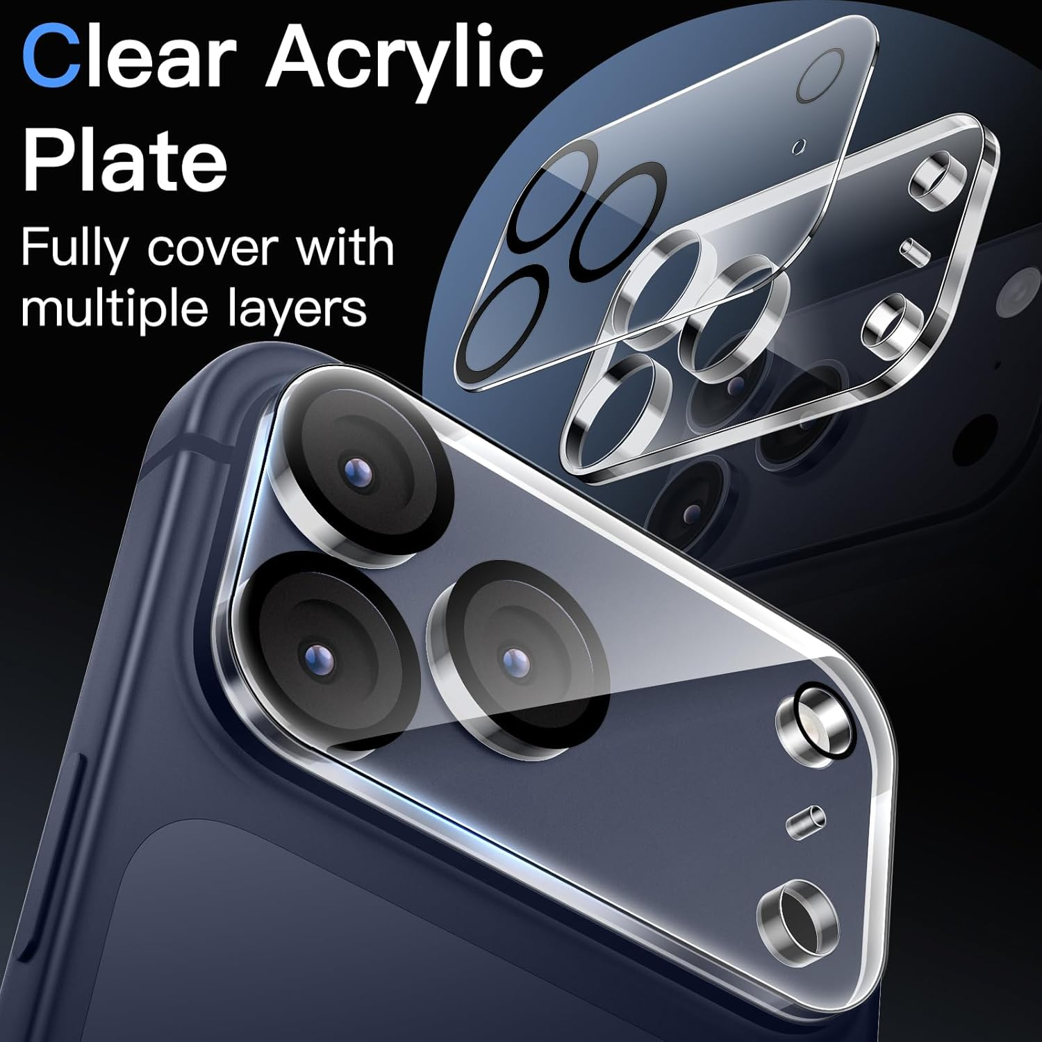 Placa acrílica transparente sobre una cámara de teléfono azul oscuro con tres lentes.