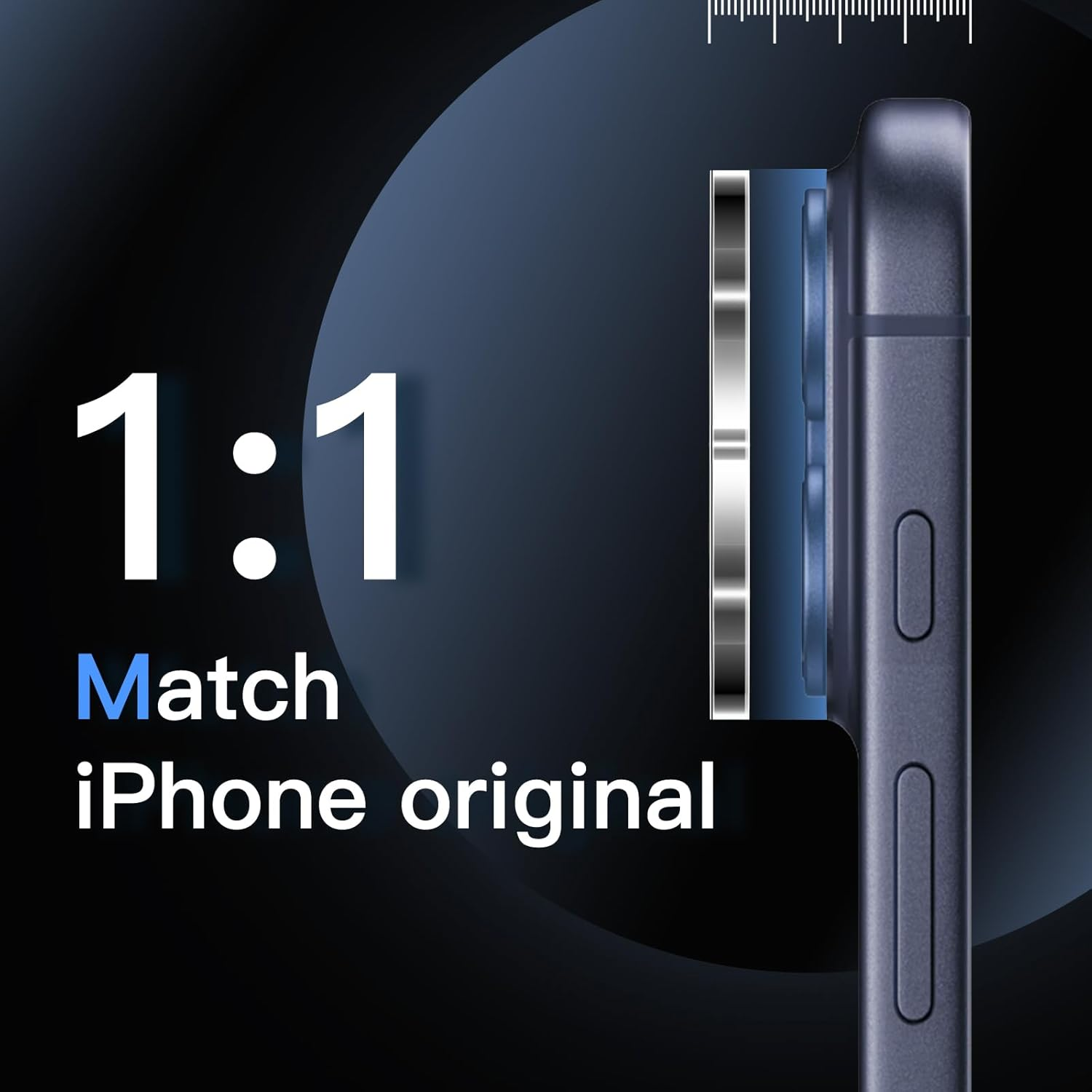 Primer plano de la cámara de un teléfono comparada con una escala 1:1.