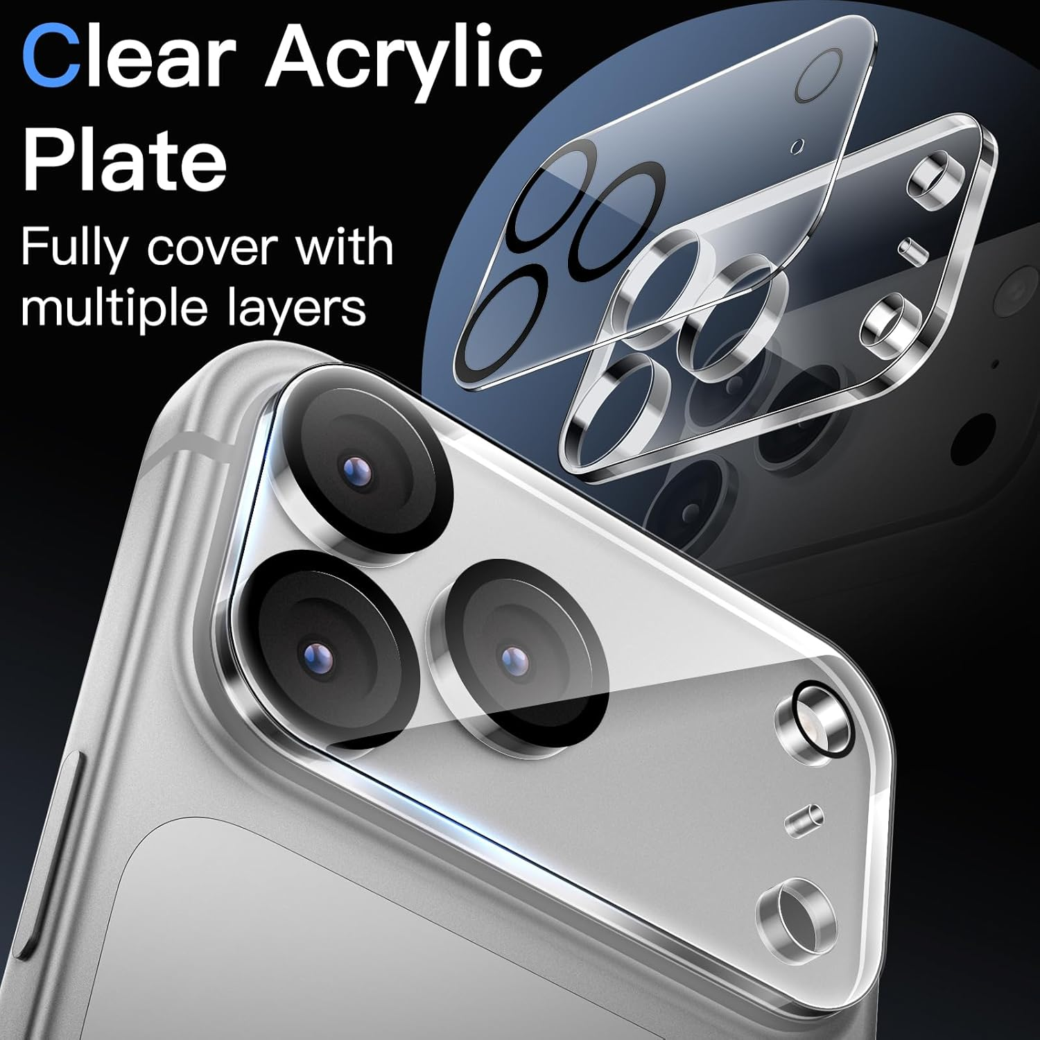 Placa acrílica transparente cubre completamente múltiples capas de una cámara de smartphone plateada.