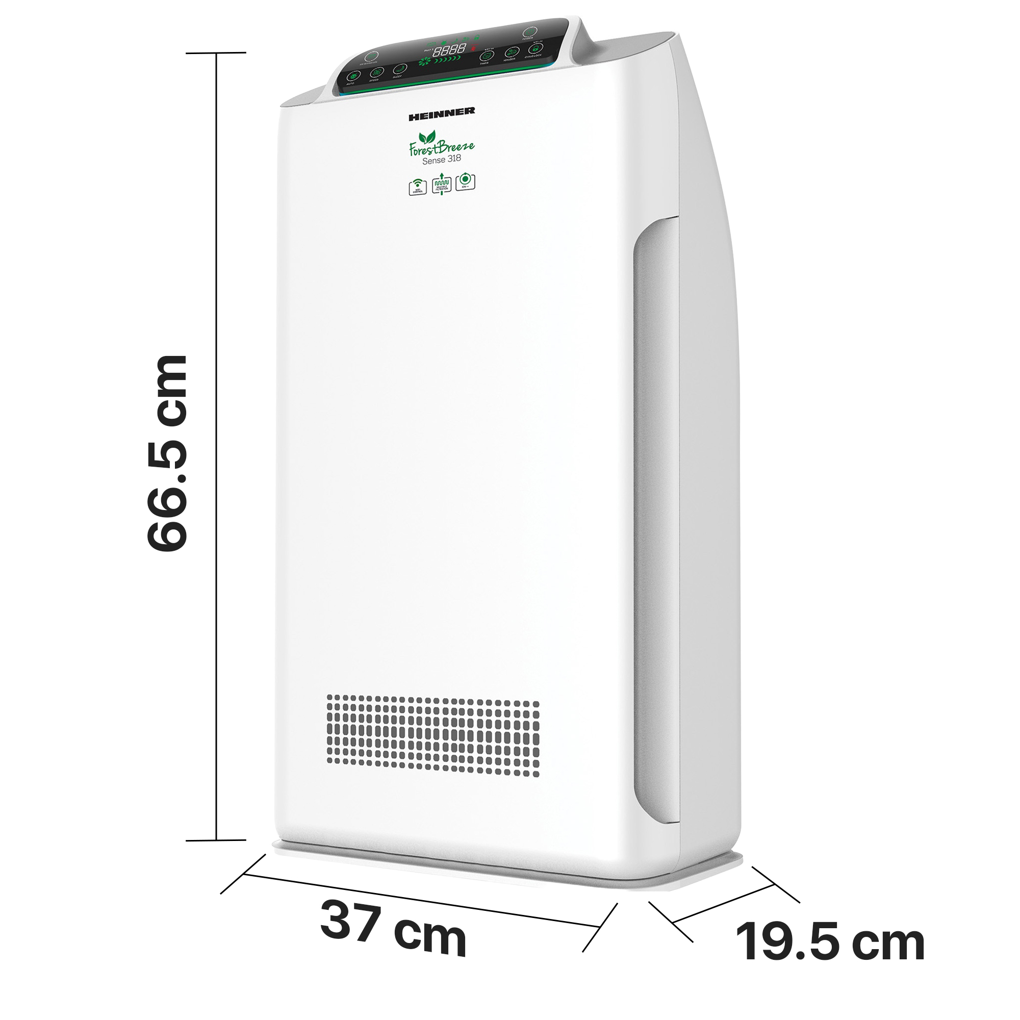 Un purificateur d'air blanc avec écran numérique, mesure 37x19,5x66,5 cm.
