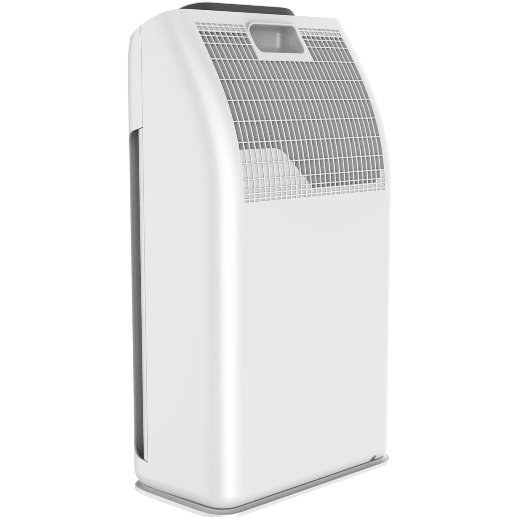 Un purificateur d'air blanc avec une base et un dessus gris, doté d'une grande grille latérale.