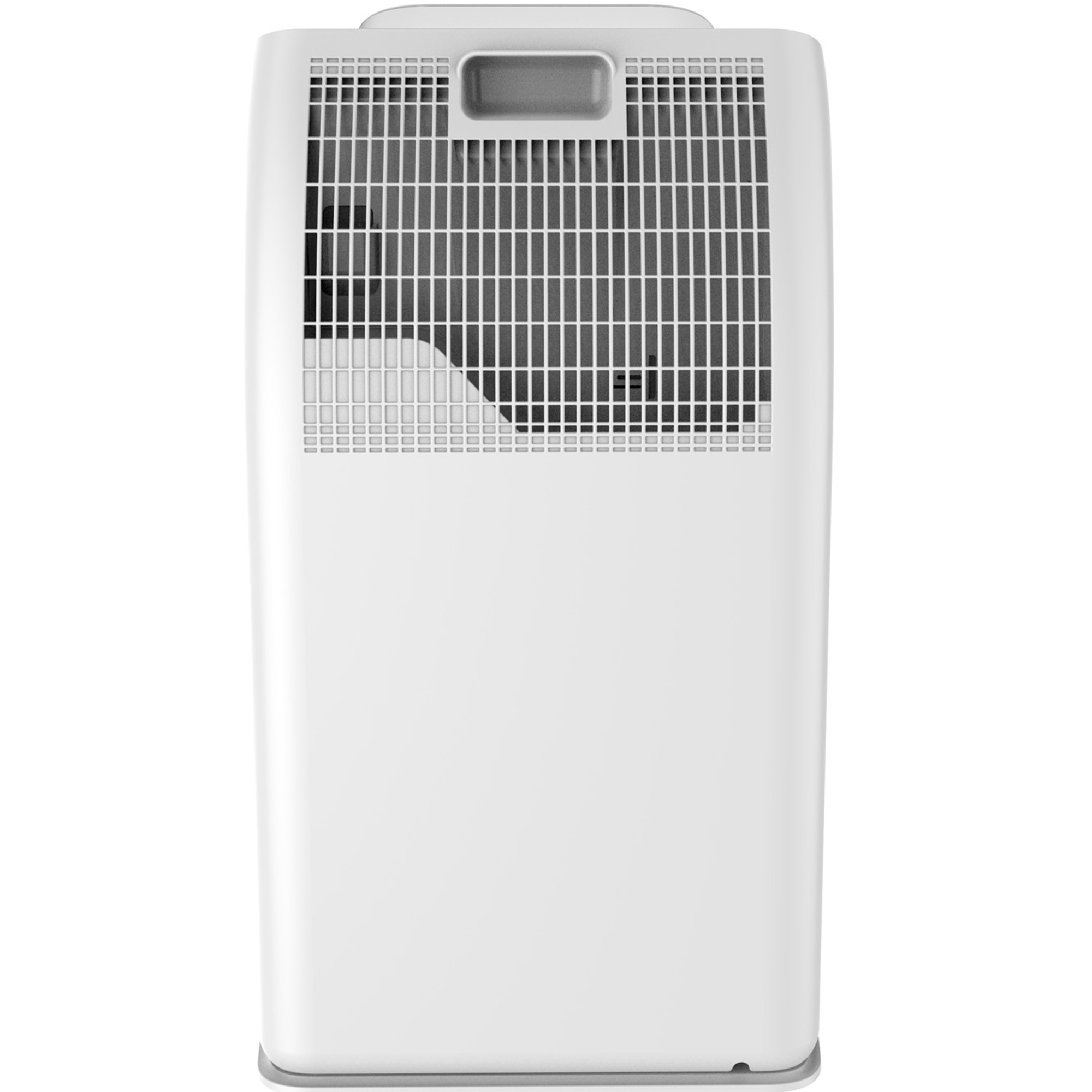 Un purificateur d'air blanc avec une grille et une poignée en haut.