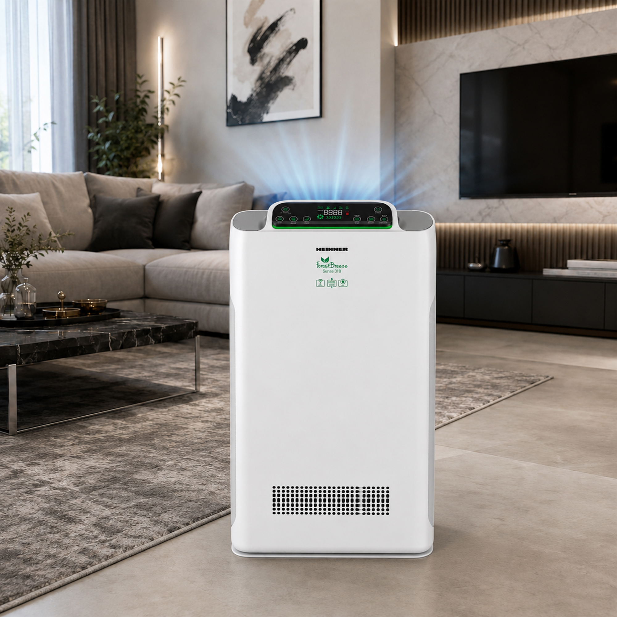 Un purificateur d'air blanc avec écran numérique dans un salon moderne.