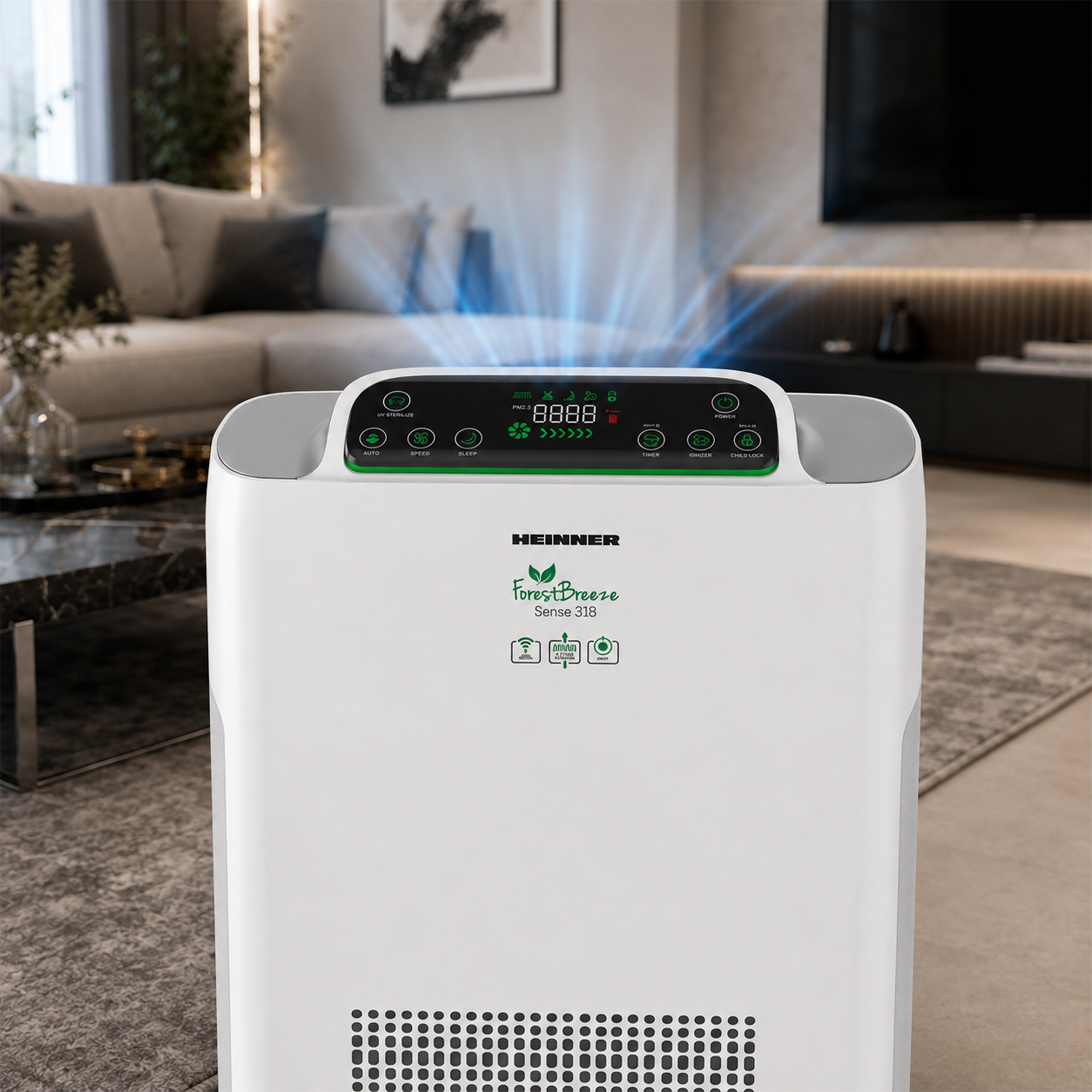 Un purificateur d'air HEINNER blanc avec écrans numériques et flux d'air bleus dans un salon.