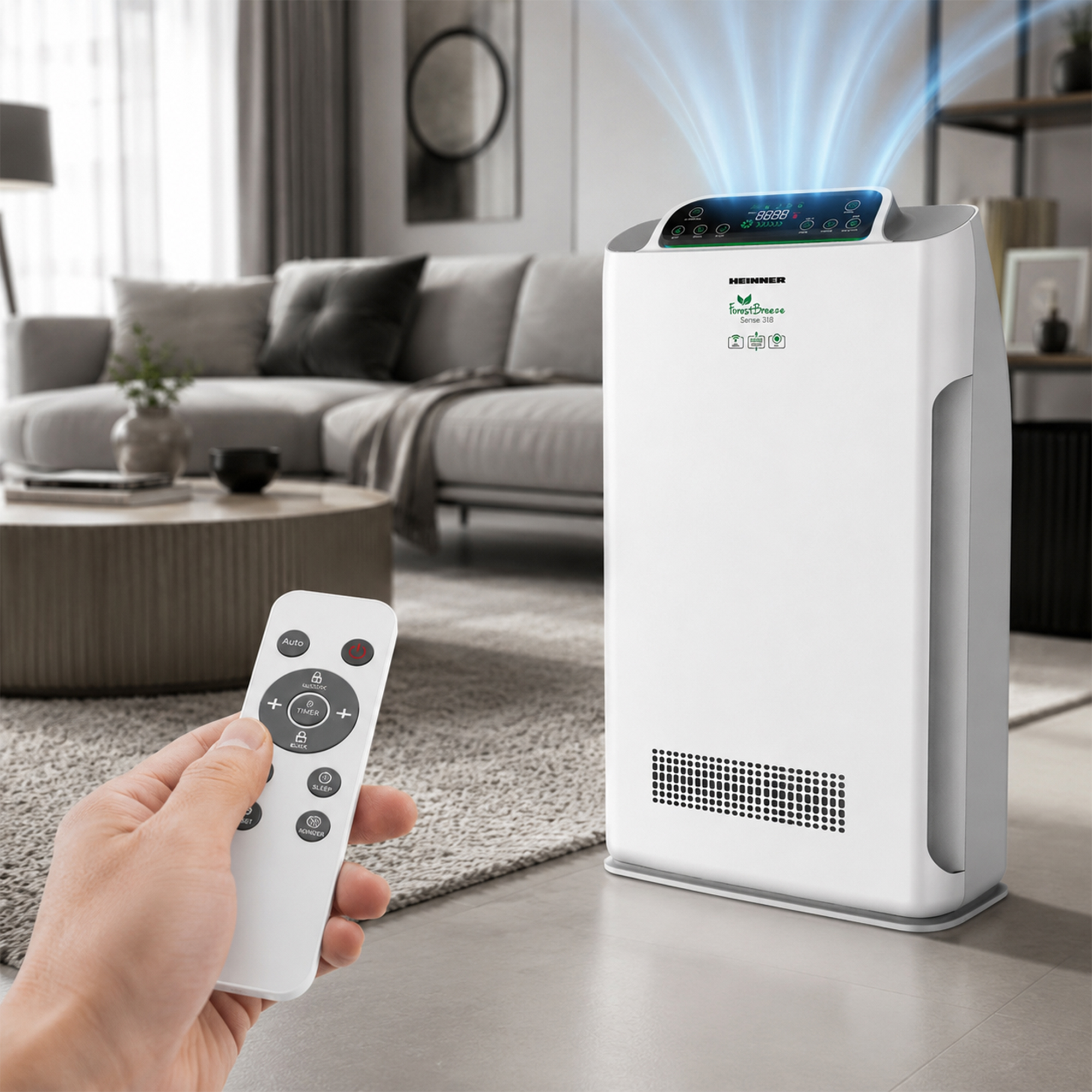 Un purificateur d'air blanc avec télécommande dans un salon.
