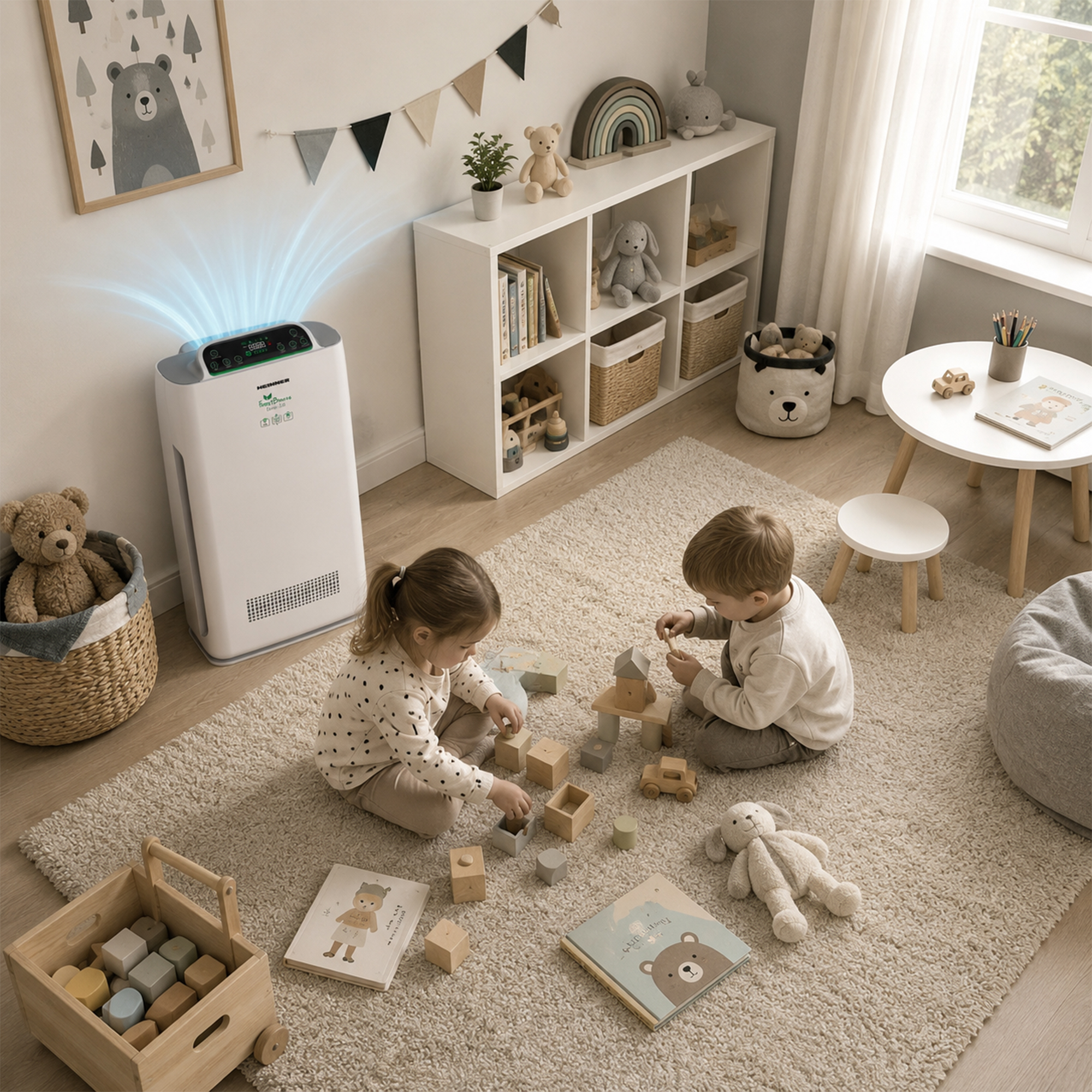 Des enfants jouent avec des jouets en bois sur un tapis près d'un purificateur d'air.