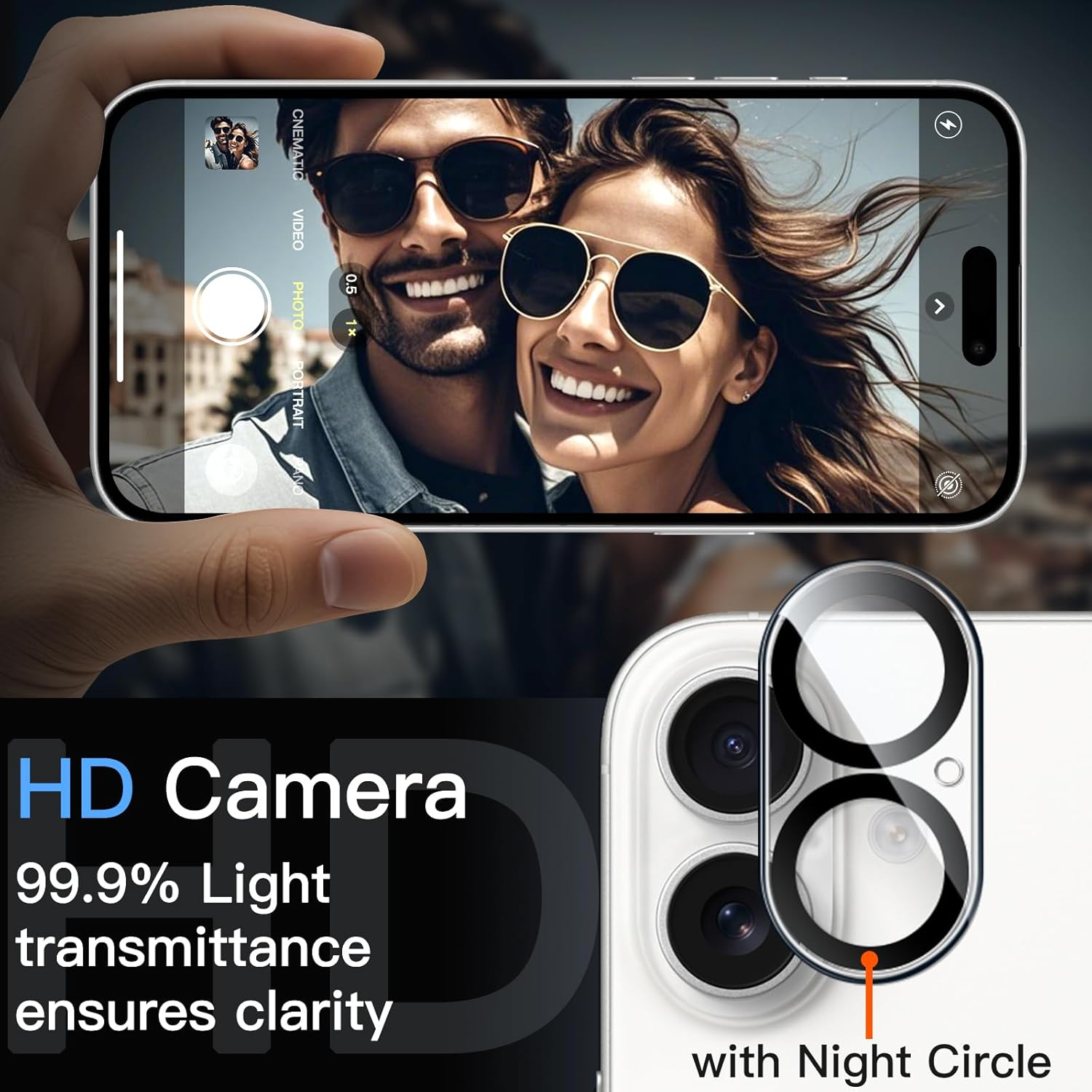 Pantalla de teléfono muestra selfie de pareja sonriente. Protector de lente.