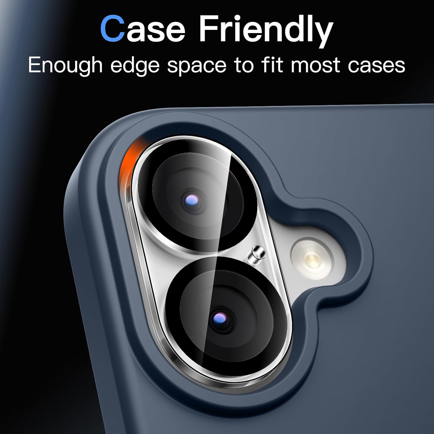 Funda de teléfono azul oscuro con módulo de cámara. Texto: Case Friendly.