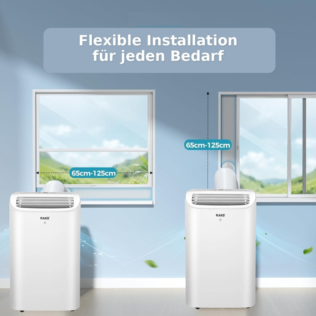 Zwei weiße mobile Klimaanlagen mit Abluftschläuchen, die in Fenster installiert sind.