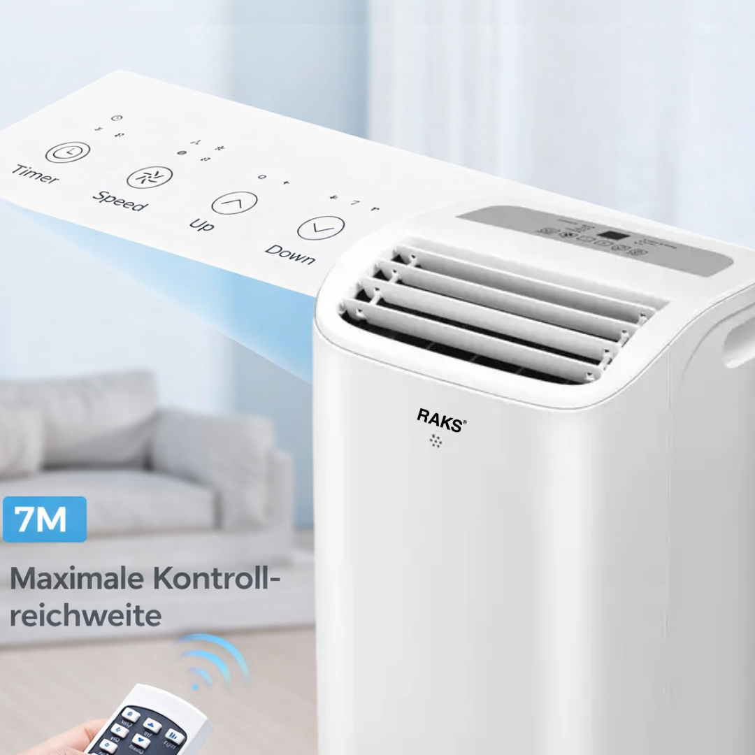 Ein weißer RAKS Klimaanlage mit Fernbedienung und Bedienfeld. Maximale Reichweite 7M.