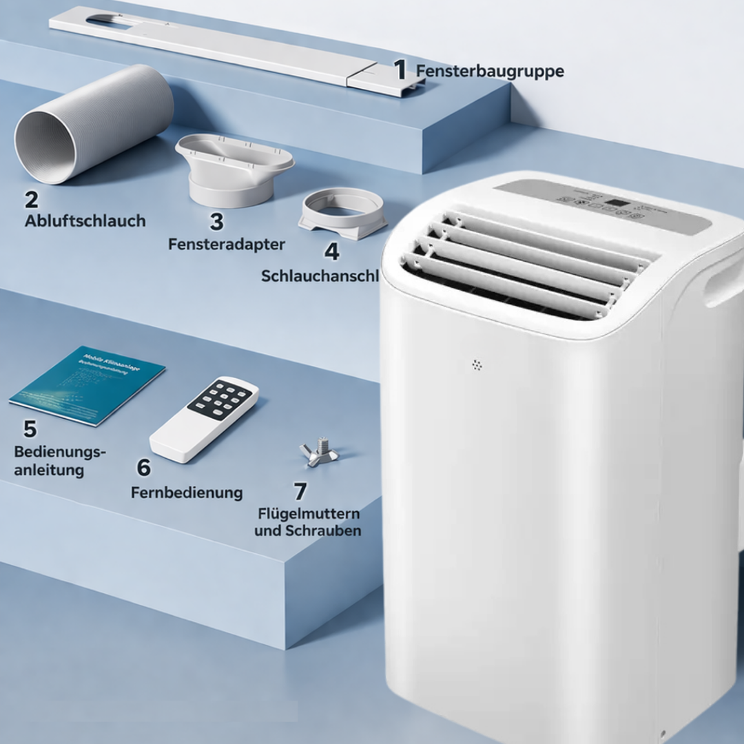 Ein mobiles Klimagerät mit Zubehör: Abluftschlauch, Fensteradapter, Fernbedienung.