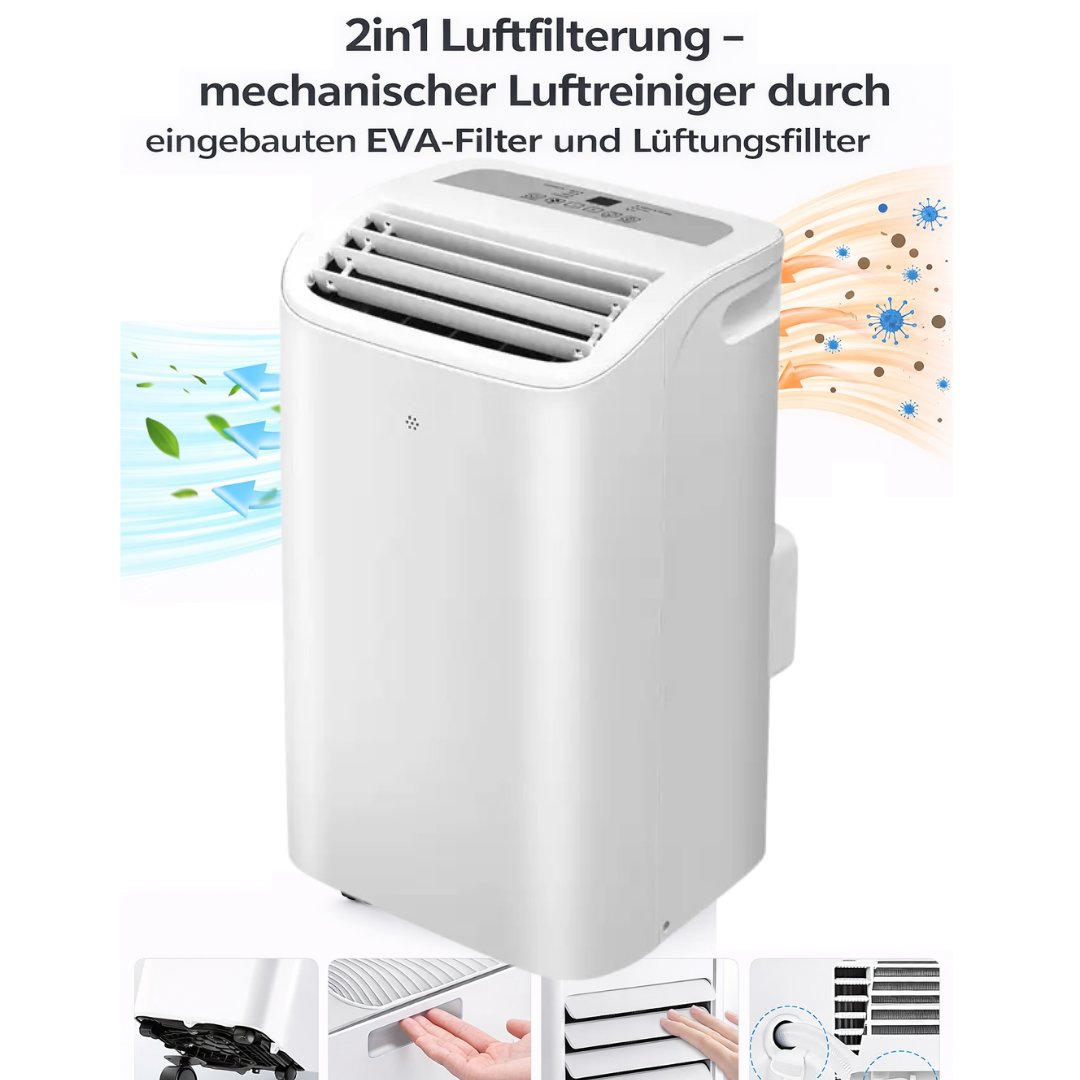 Ein weißer Luftreiniger mit Lüftungsschlitzen, der Luft ein- und ausströmen lässt.