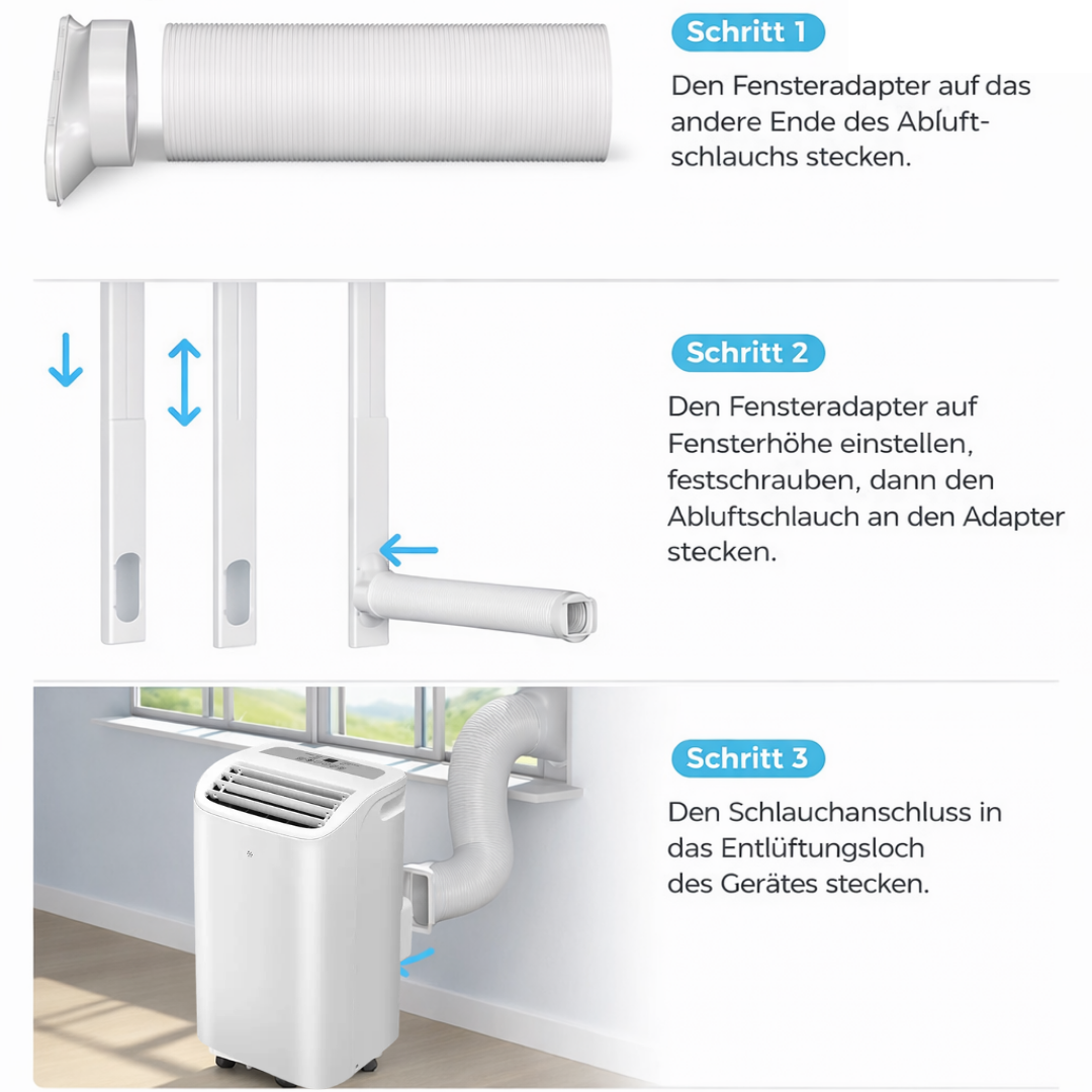Schritt-für-Schritt-Anleitung zur Installation eines Abluftschlauchs mit Fensteradapter für ein Klimagerät.
