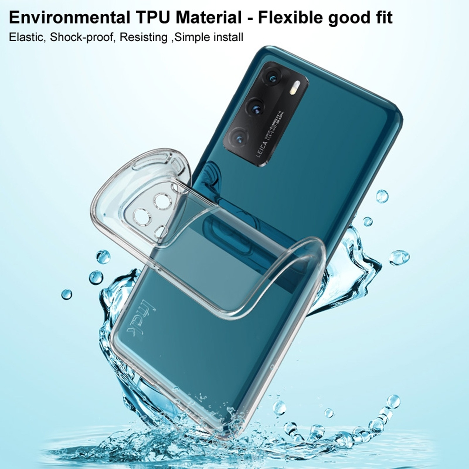 Ein teal Smartphone mit durchsichtiger Hülle spritzt Wasser auf.