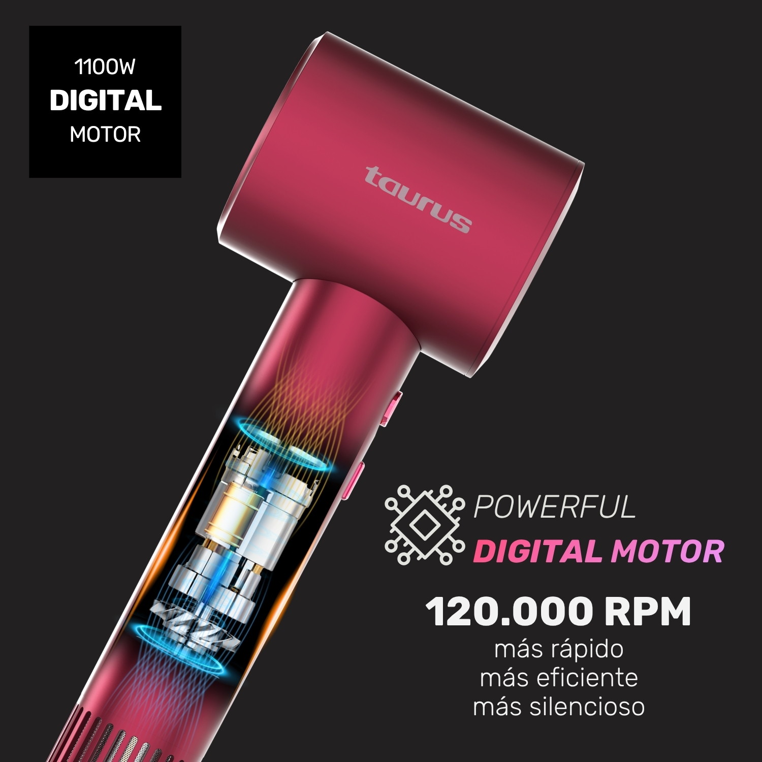 Un secador de pelo rojo con motor digital visible y texto.