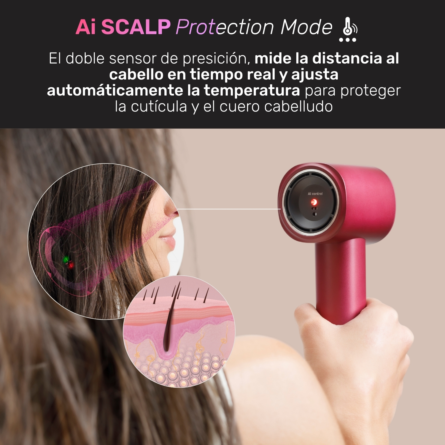 Secador de pelo rojo con primeros planos de cuero cabelludo y cabello.