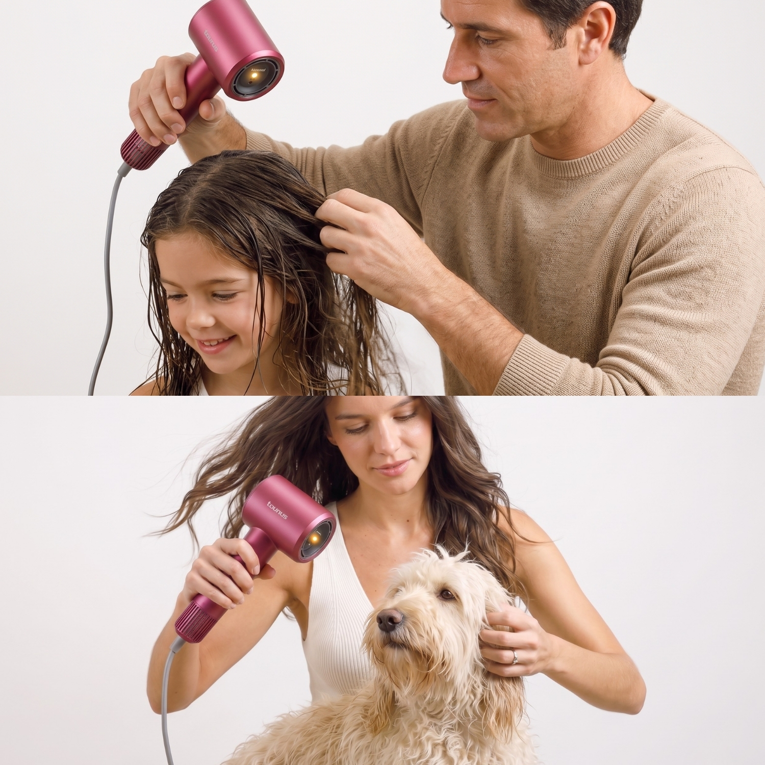 Hombre seca pelo de niña, mujer seca pelo de perro con secador rosa.