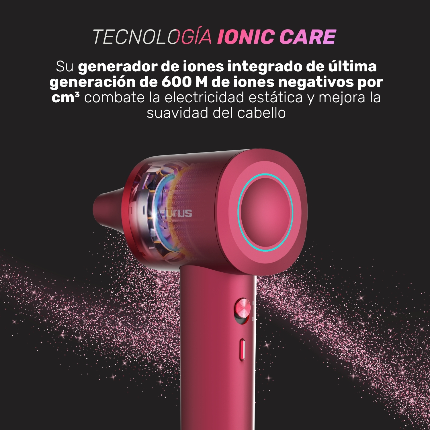Un secador de pelo rojo con mecanismos internos visibles y polvo brillante.
