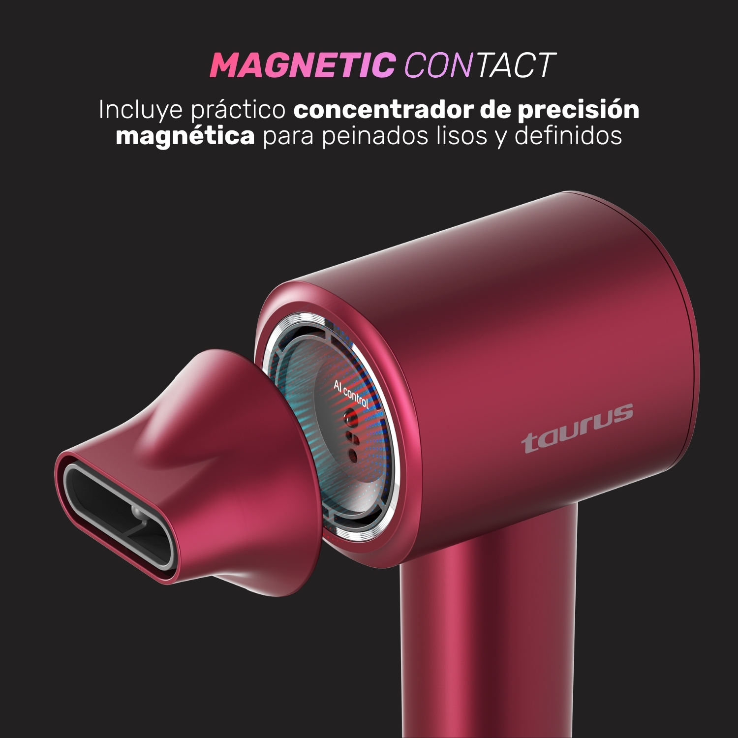 Un secador de pelo rojo con boquilla magnética y logo 'Taurus'.