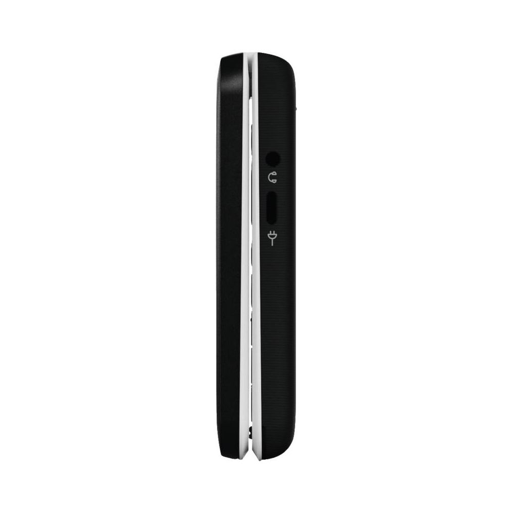 Telefono cellulare nero in orientamento verticale con accenti argentati. Porta di ricarica in basso.