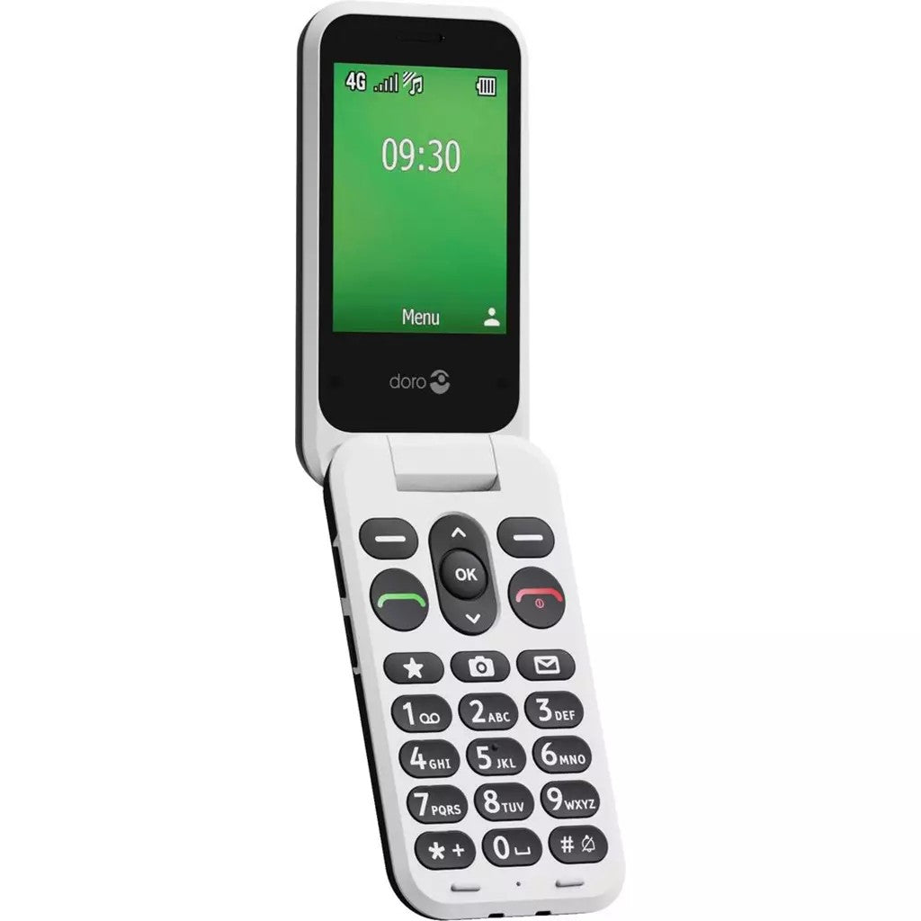 Un telefono a conchiglia bianco con schermo grande che mostra 09:30.