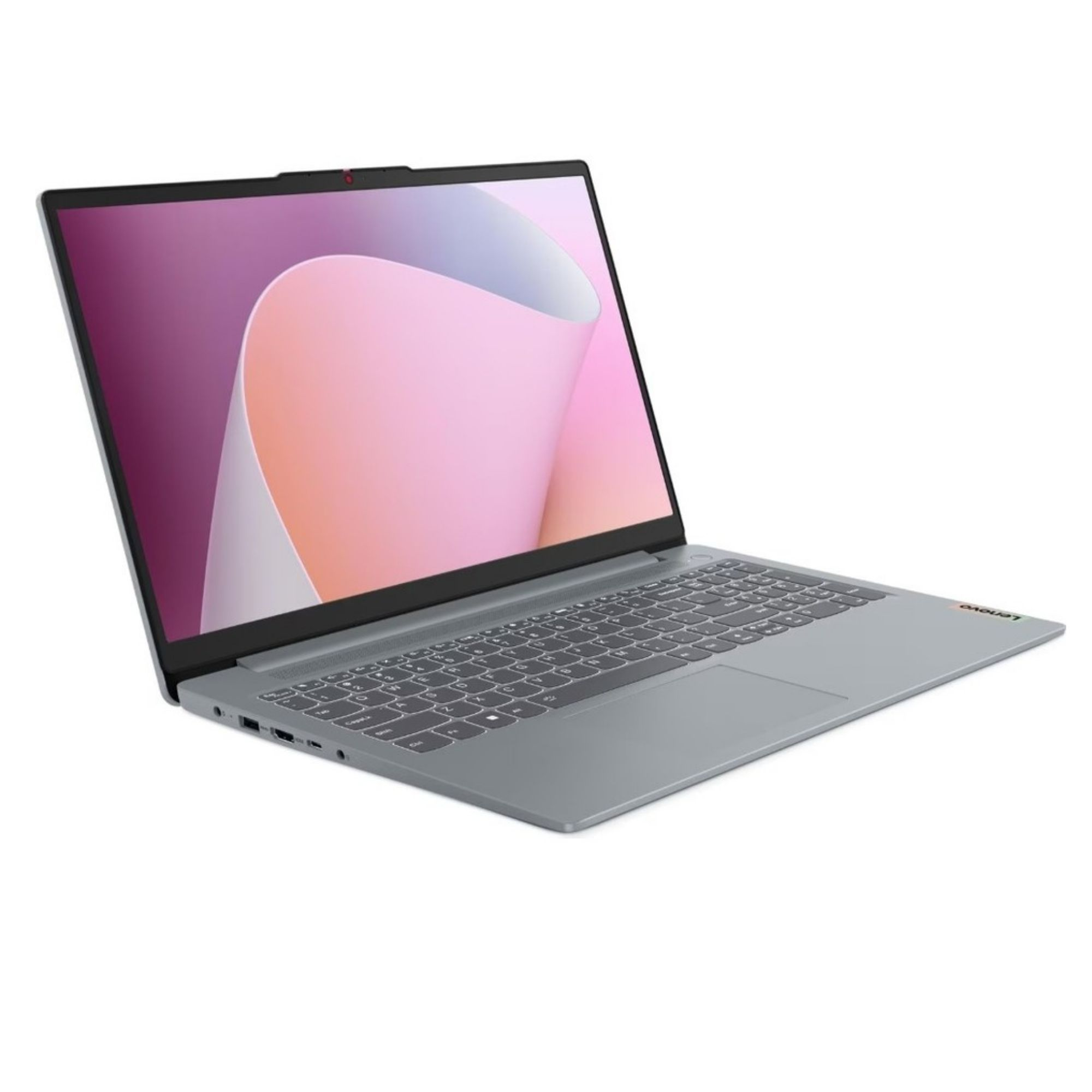 Ekranında soyut pembe ve mor grafik gösteren gri bir Lenovo dizüstü bilgisayar.