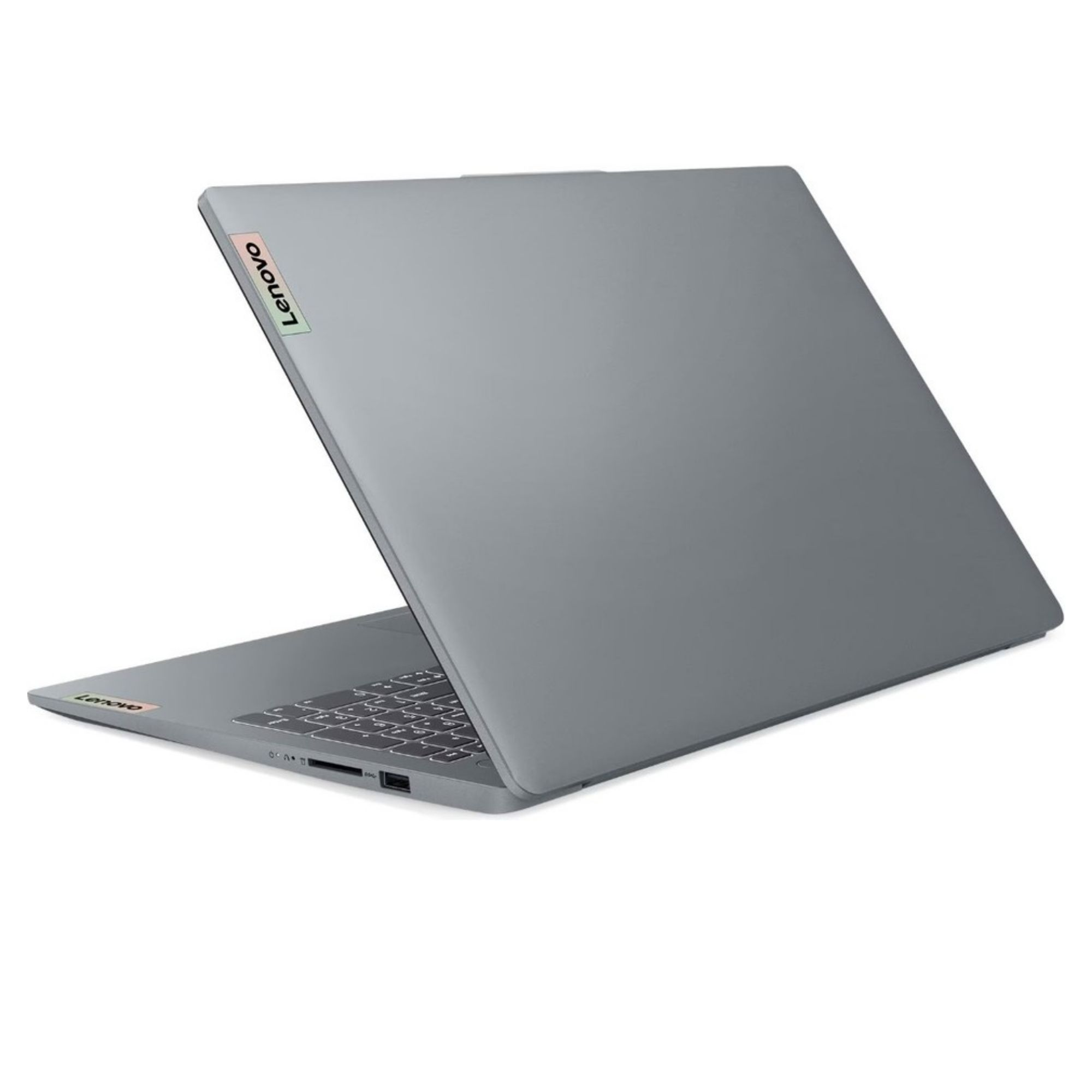 Beyaz arka plan üzerinde kapalı, gri bir Lenovo dizüstü bilgisayar.
