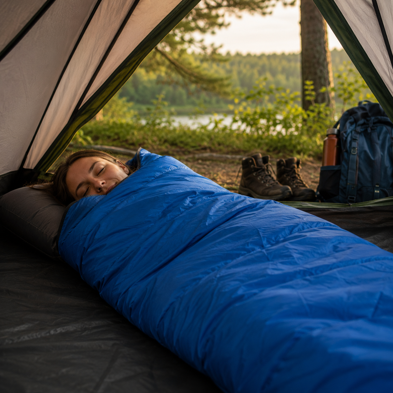 Woman sleeps in blue sleeping bag inside tent, with lake and trees outside.