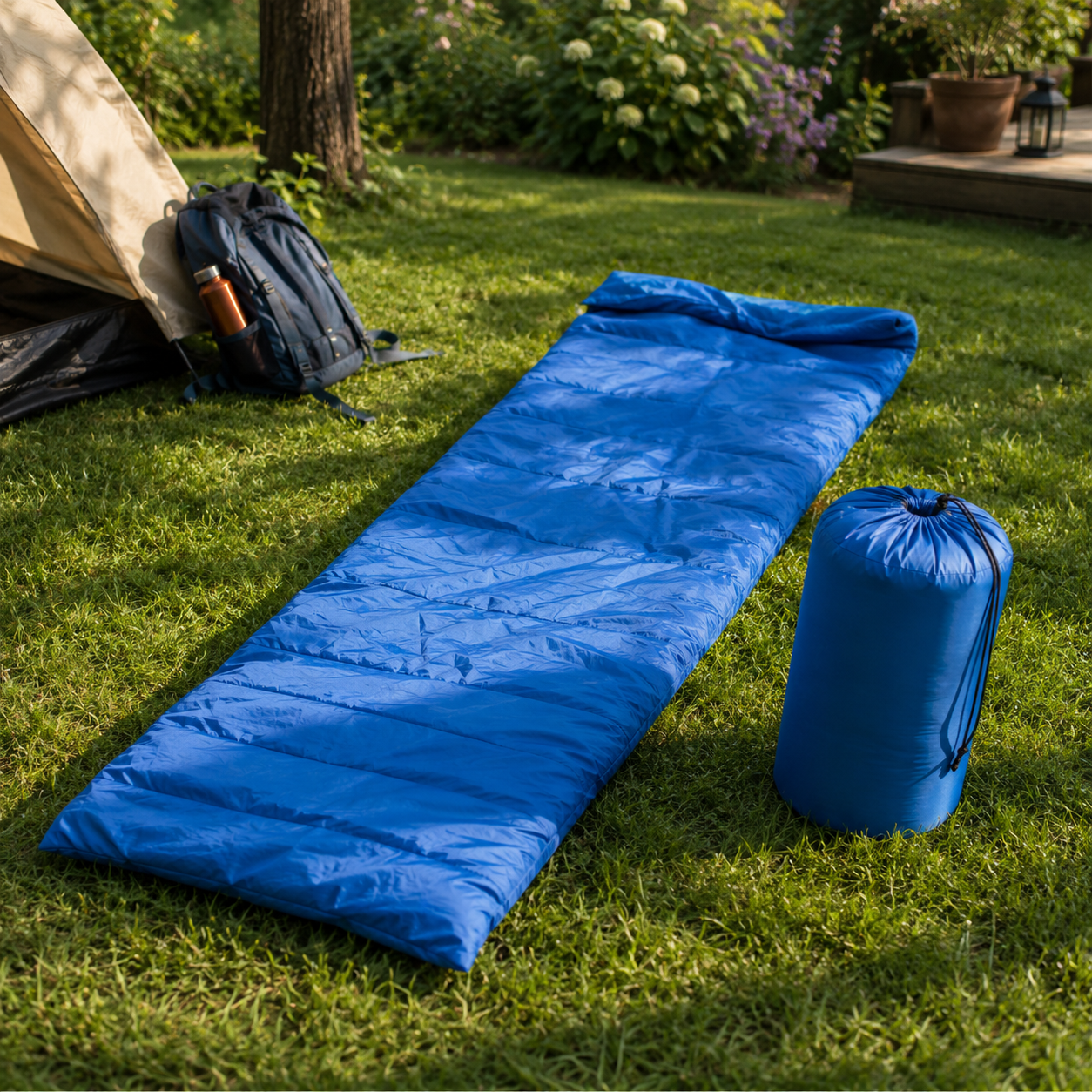 A blue sleeping bag lies next to a rolled-up sleeping bag on green grass.