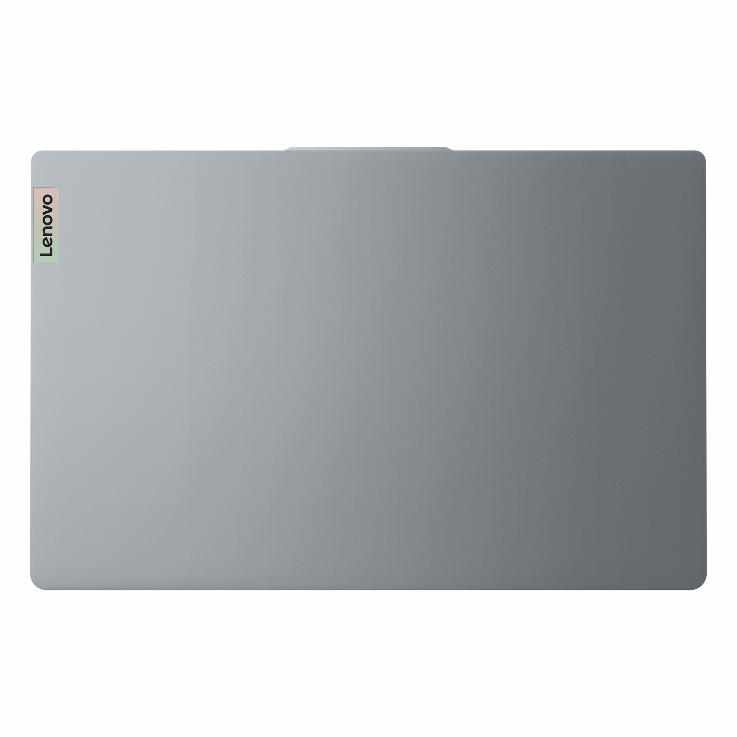 Beyaz arka plan üzerinde sol üstte logolu gri Lenovo dizüstü bilgisayar.