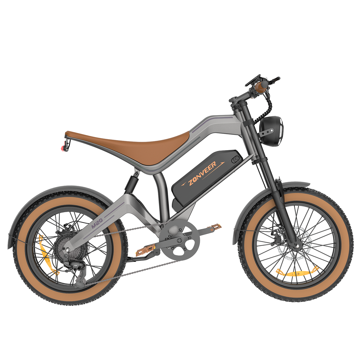 Una bicicleta eléctrica gris con asiento marrón y llantas color canela, faro y batería negros.