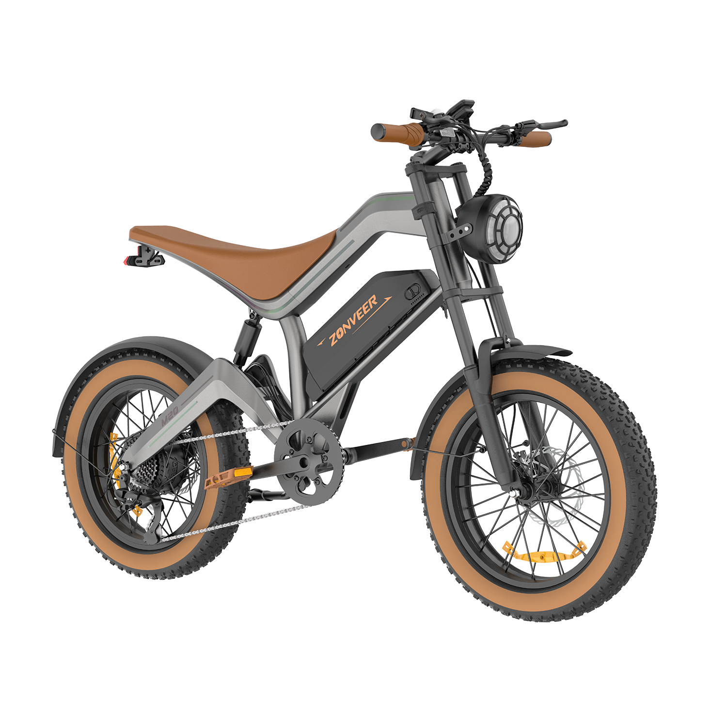 Una e-bike gris con asiento y neumáticos marrones, sobre fondo blanco.