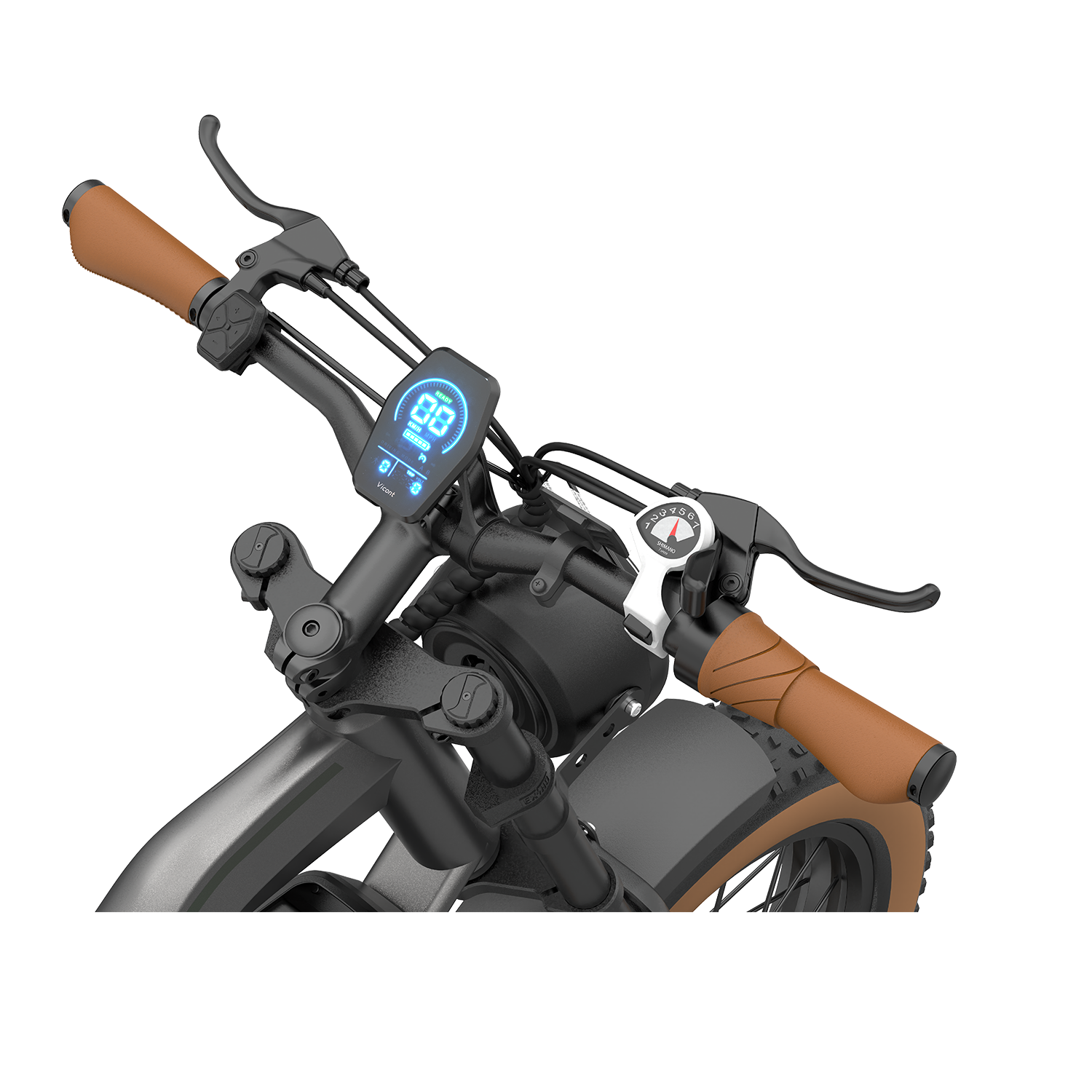 Manillar de e-bike con puños marrones, pantalla digital y cambio de marchas.