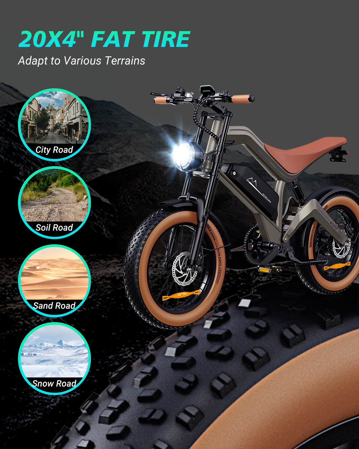 Una bicicleta eléctrica con neumáticos gruesos sobre un fondo montañoso, mostrando su adaptabilidad a diferentes terrenos como carreteras de ciudad, tierra, arena y nieve.