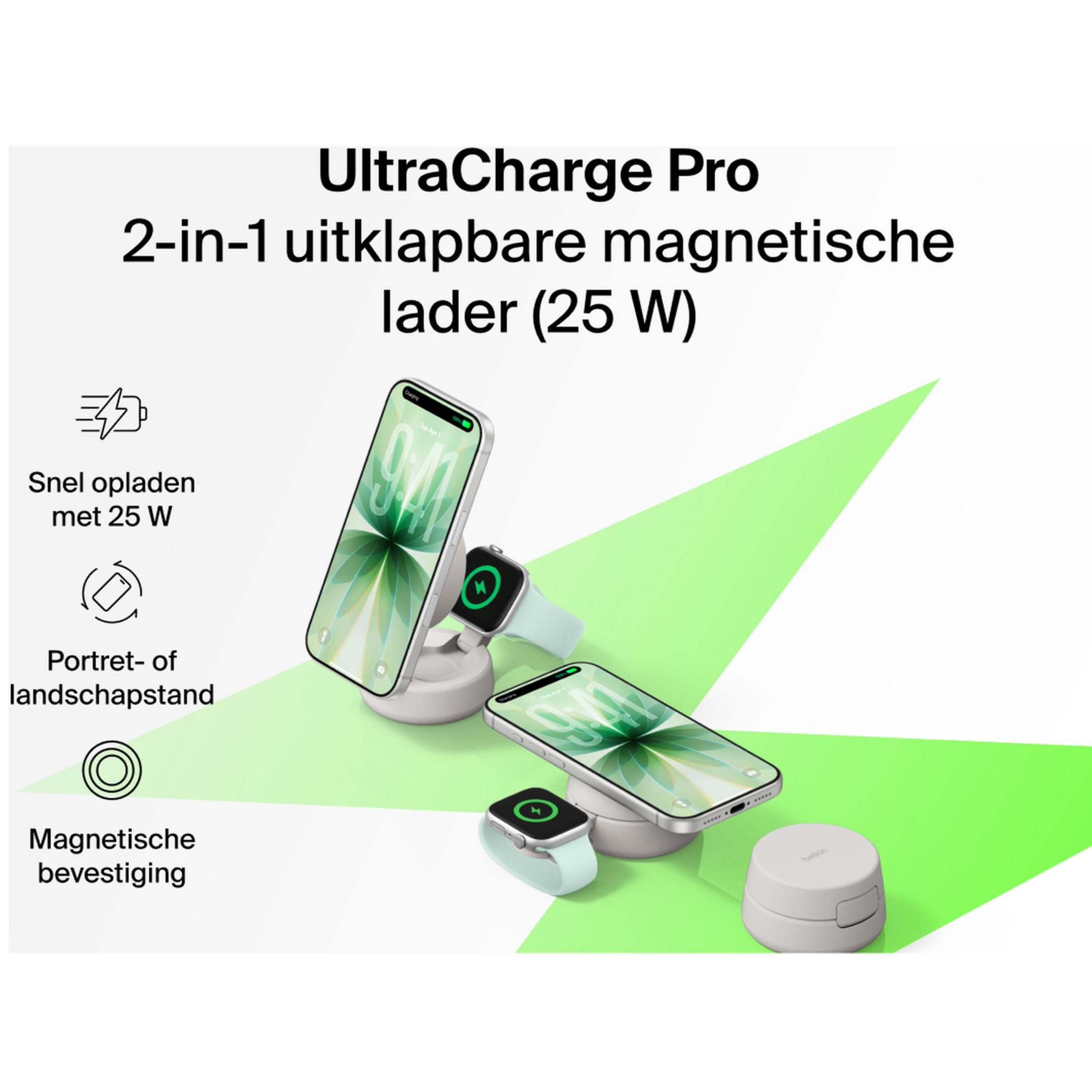 UltraCharge Pro: Caricatore magnetico 2-in-1, 25W, per telefono e orologio.