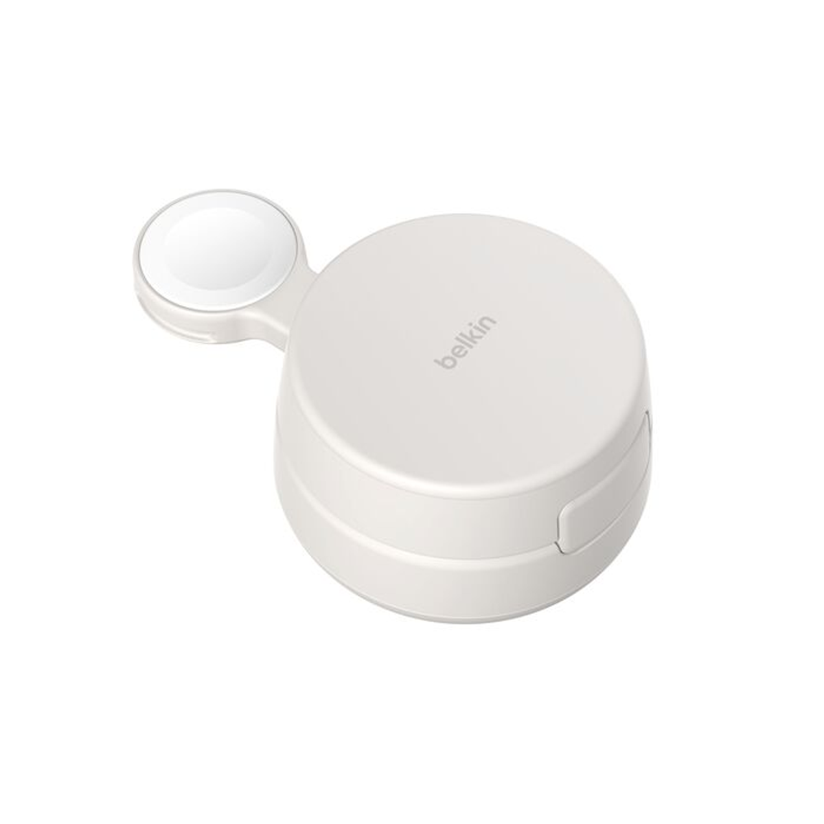 Caricatore Belkin bianco per Apple Watch, base rotonda con braccio sporgente per l'orologio.
