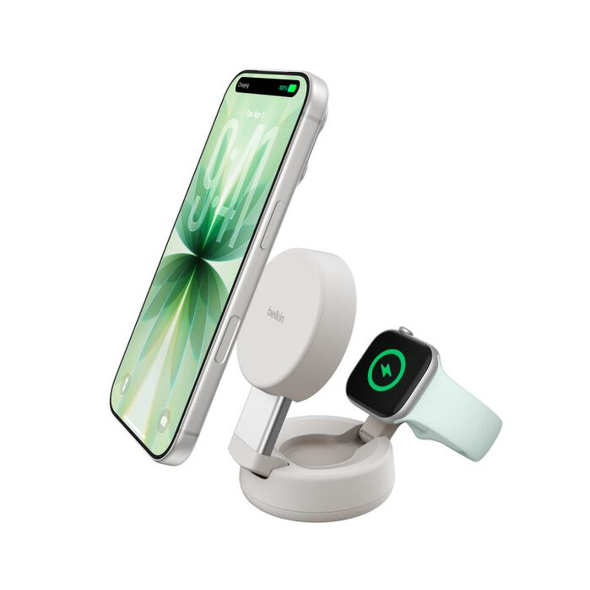 Un supporto di ricarica bianco tiene uno smartphone e uno smartwatch.