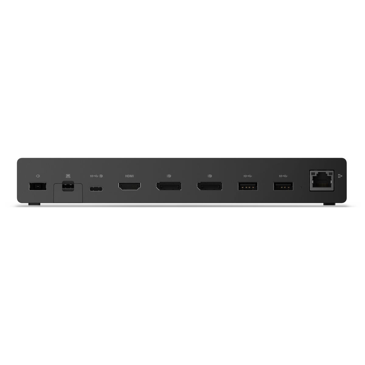 Arrière d'une station d'accueil noire avec ports USB, HDMI et Ethernet.