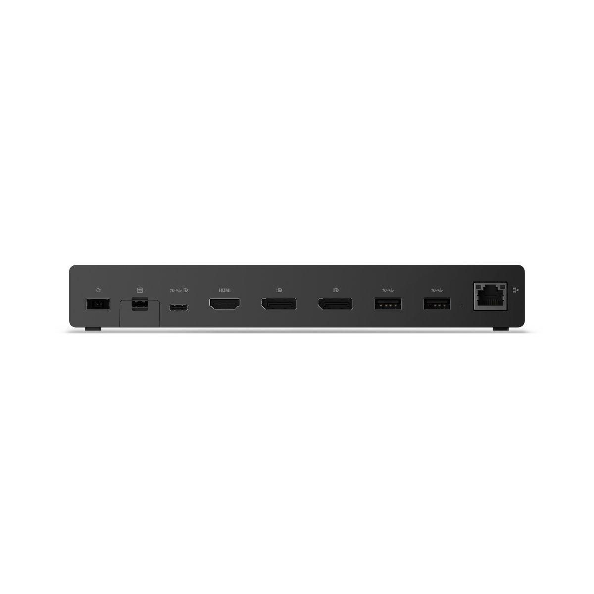 Une station d'accueil noire avec plusieurs ports : alimentation, USB-C, HDMI et Ethernet.