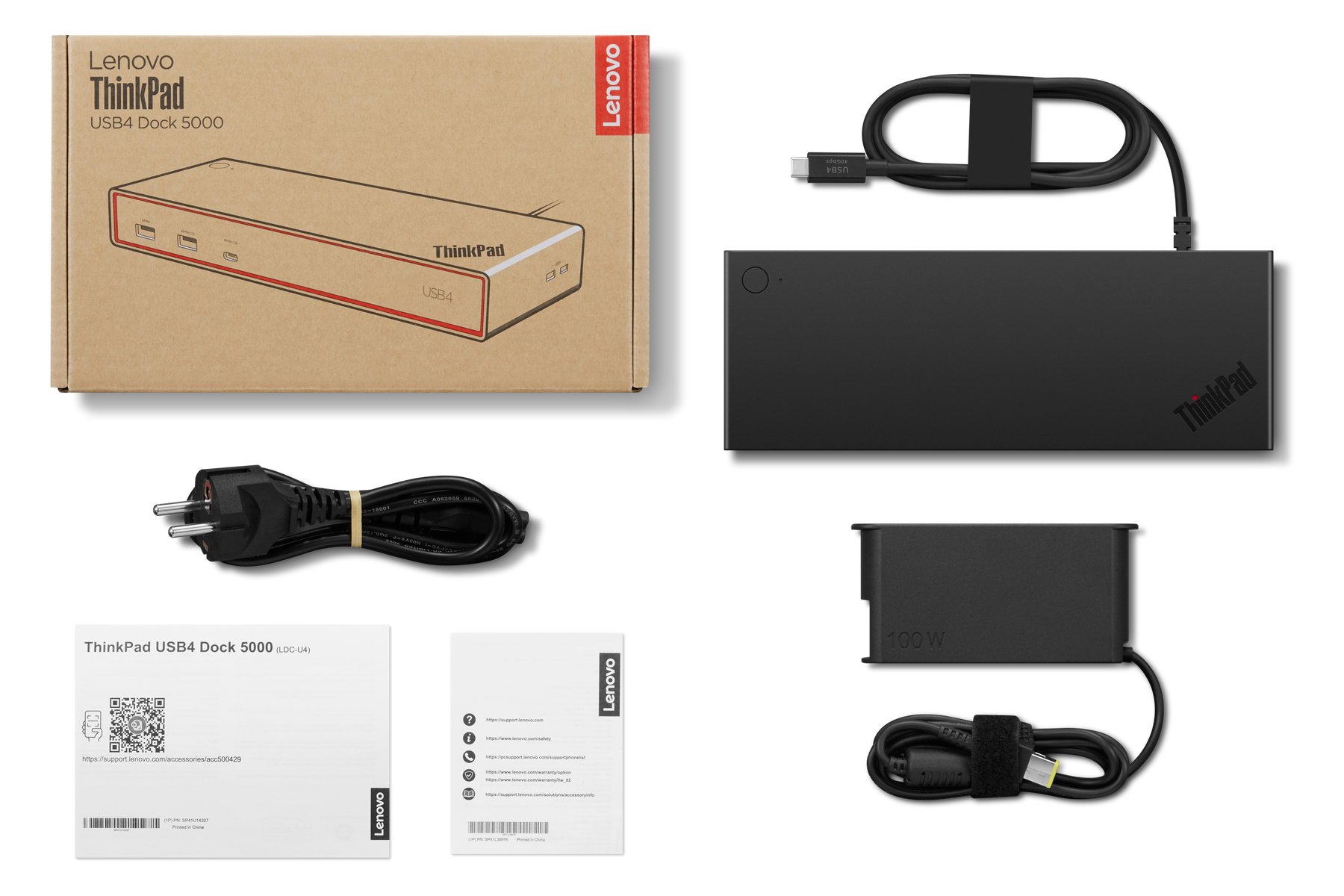 Lenovo ThinkPad USB4 Dock 5000 avec accessoires : station, adaptateur secteur, câble et manuel.