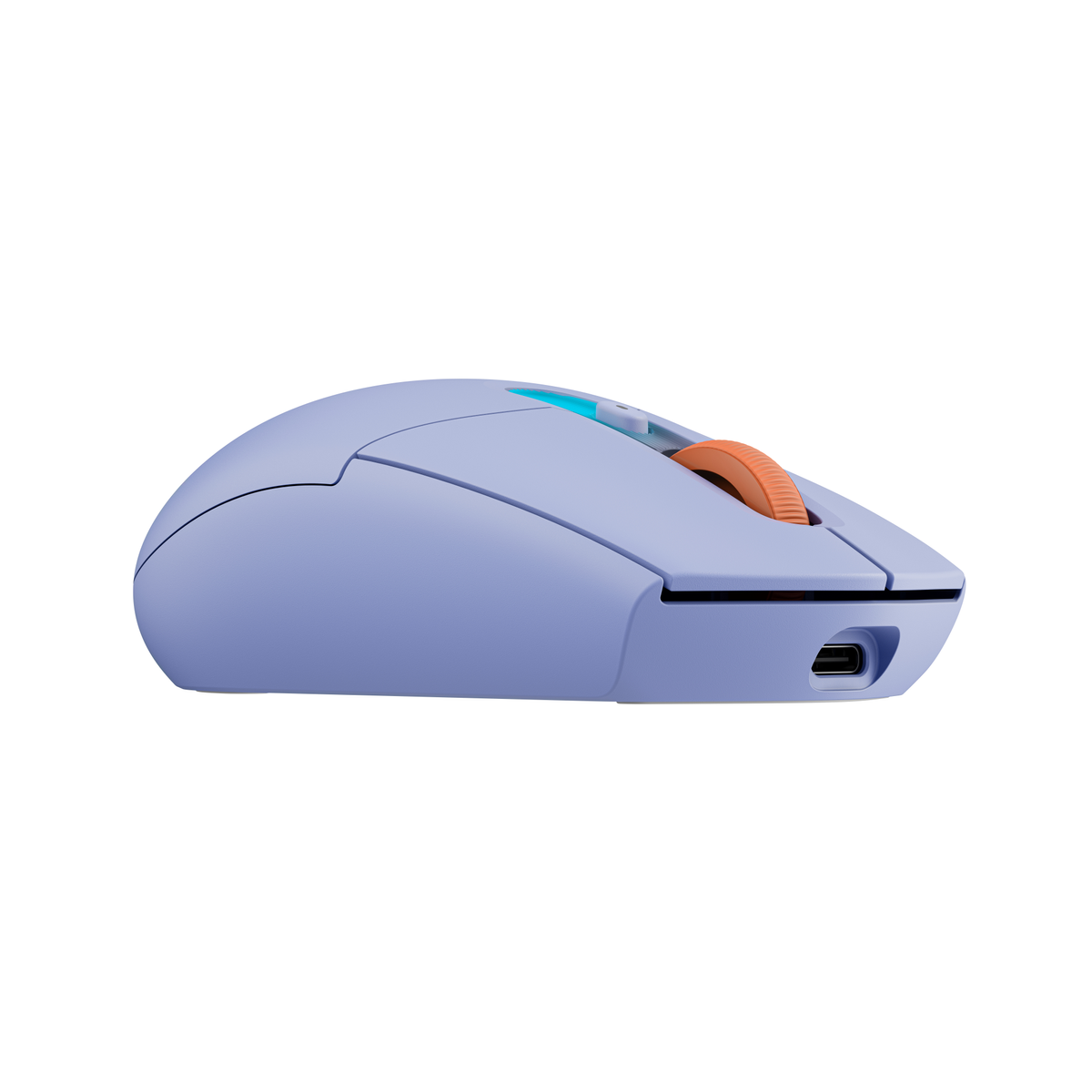 Se muestra un ratón de ordenador de color morado claro con una rueda de desplazamiento naranja y una luz azul brillante desde un ángulo lateral.