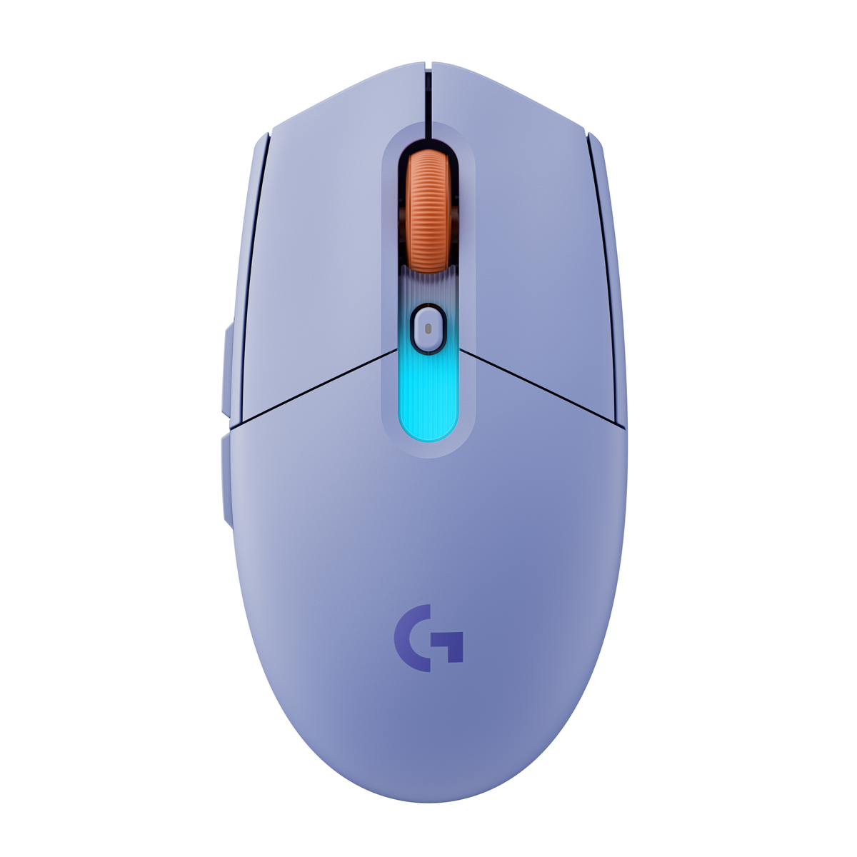 Un ratón morado claro con rueda de desplazamiento naranja e iluminación azul.