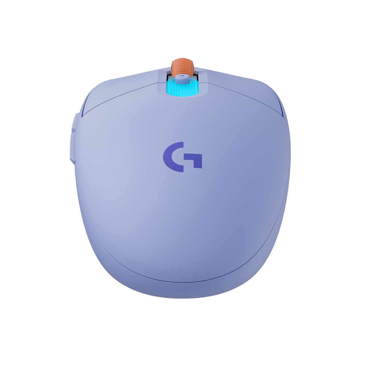 Un ratón gaming Logitech lavanda con rueda naranja y luz azul.